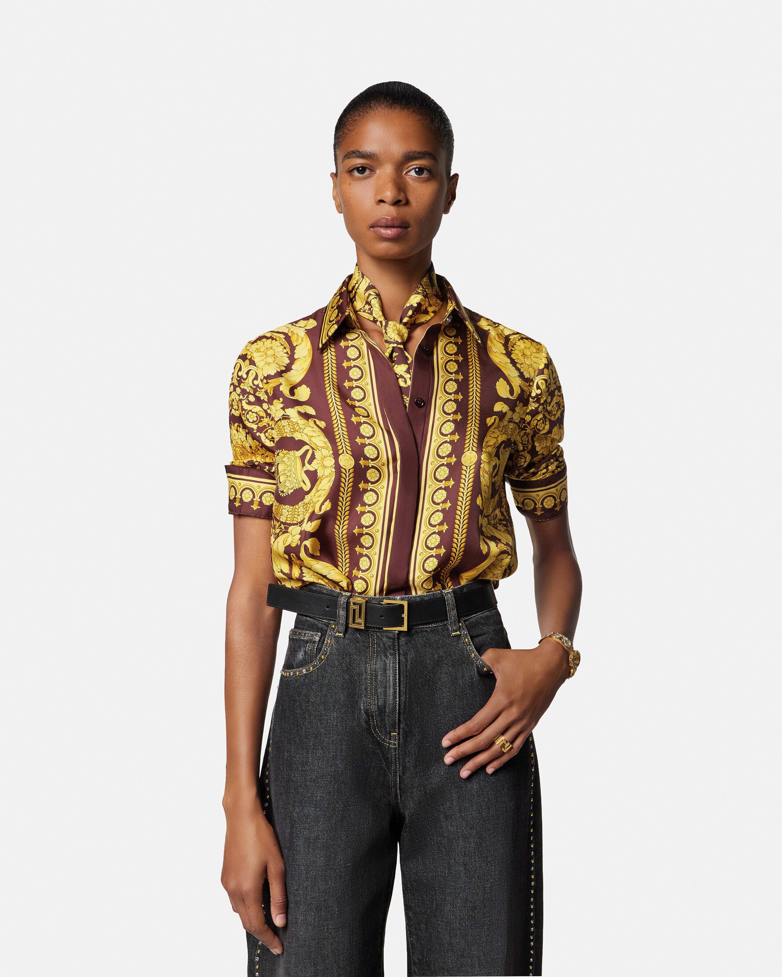 プリント シルク ツイル リボン バーガンディ,ゴールド | VERSACE JP