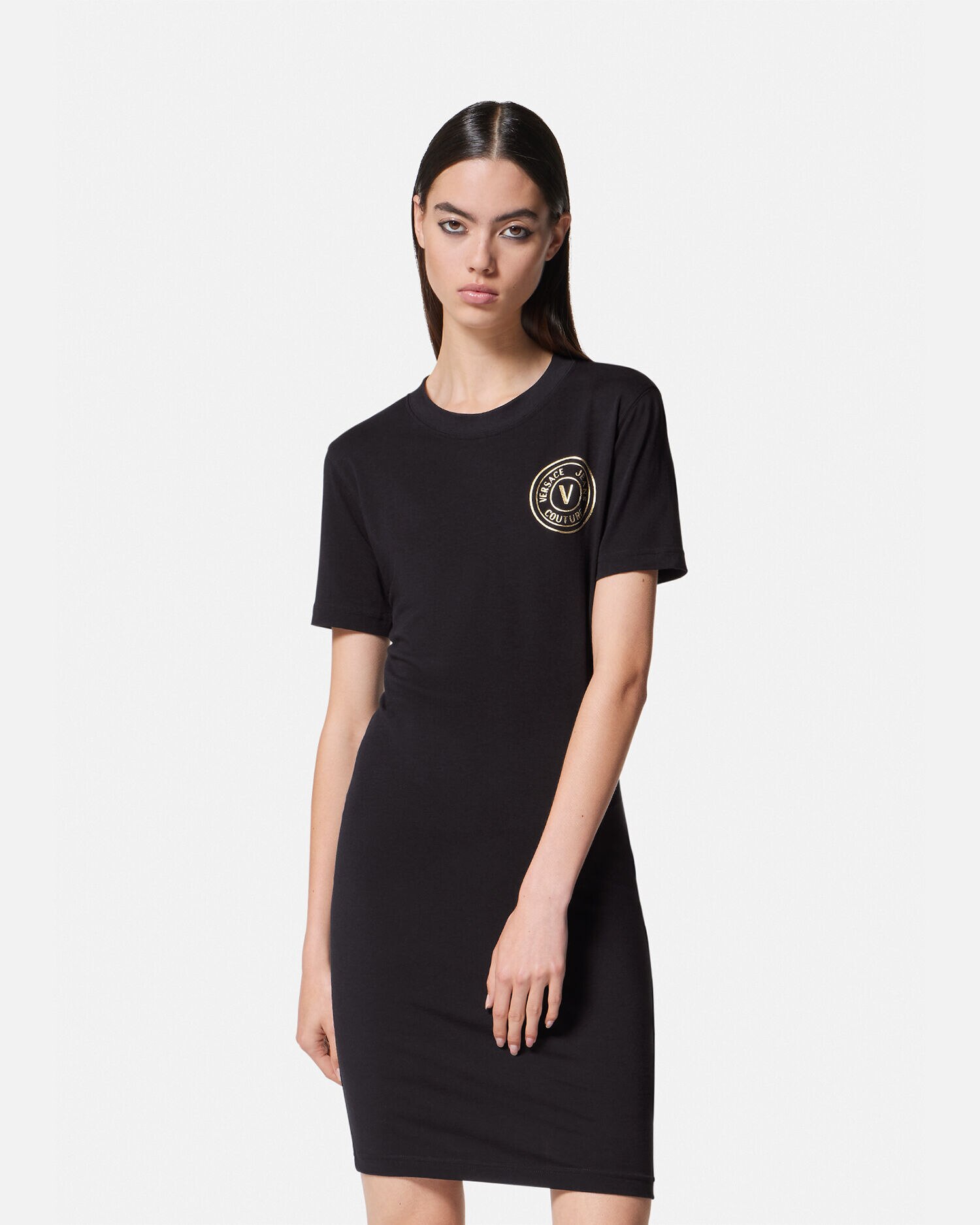 レターV エンブレム ロゴ Tシャツ ドレス ブラック,ゴールド | VERSACE JP