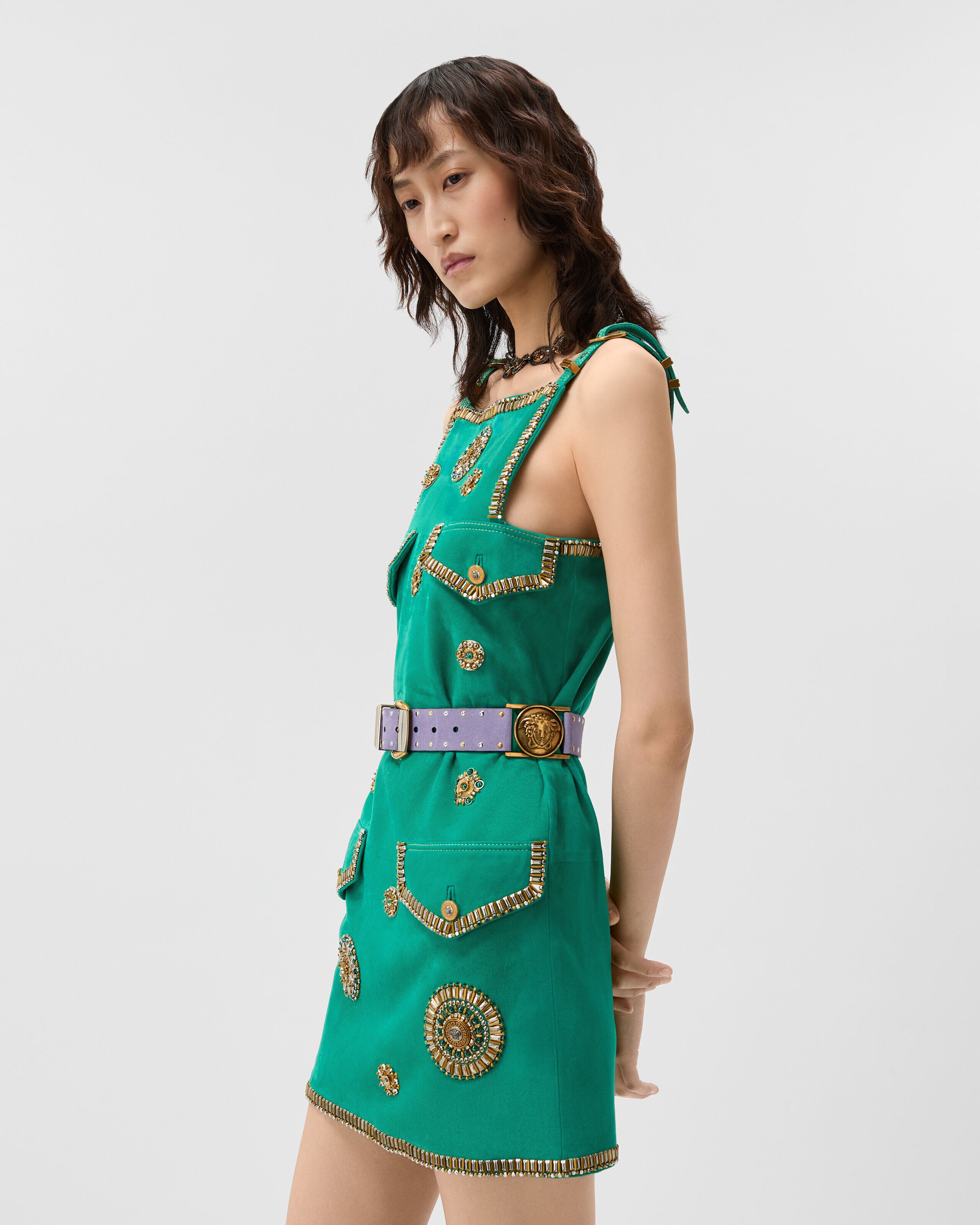 刺繍入り スエード ミニ ドレス グリーン | VERSACE JP