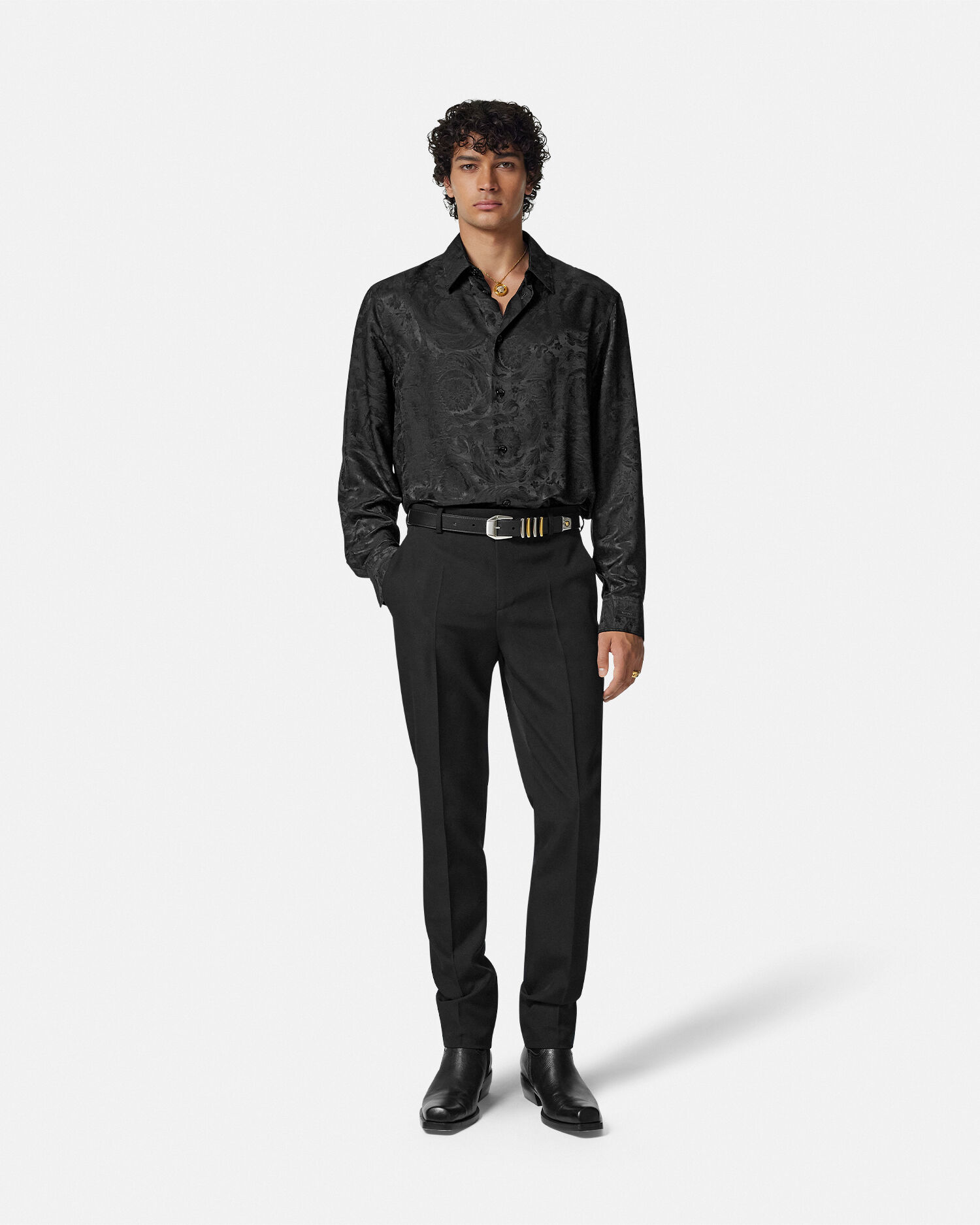 ジャカード シルクブレンド レギュラー シャツ ブラック | VERSACE JP
