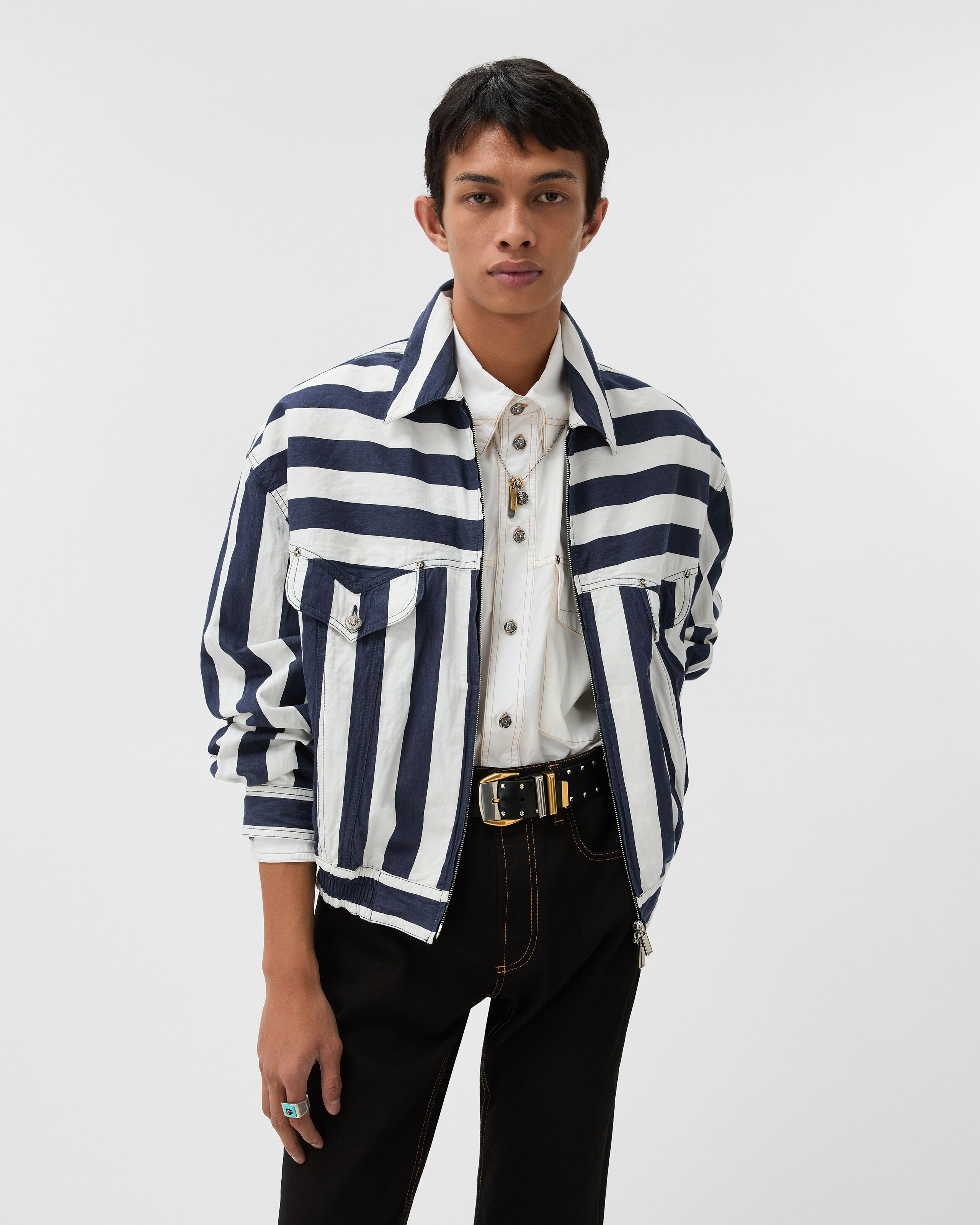 ストライプ コットン デニム ブルゾン ホワイト,ブルー | VERSACE JP