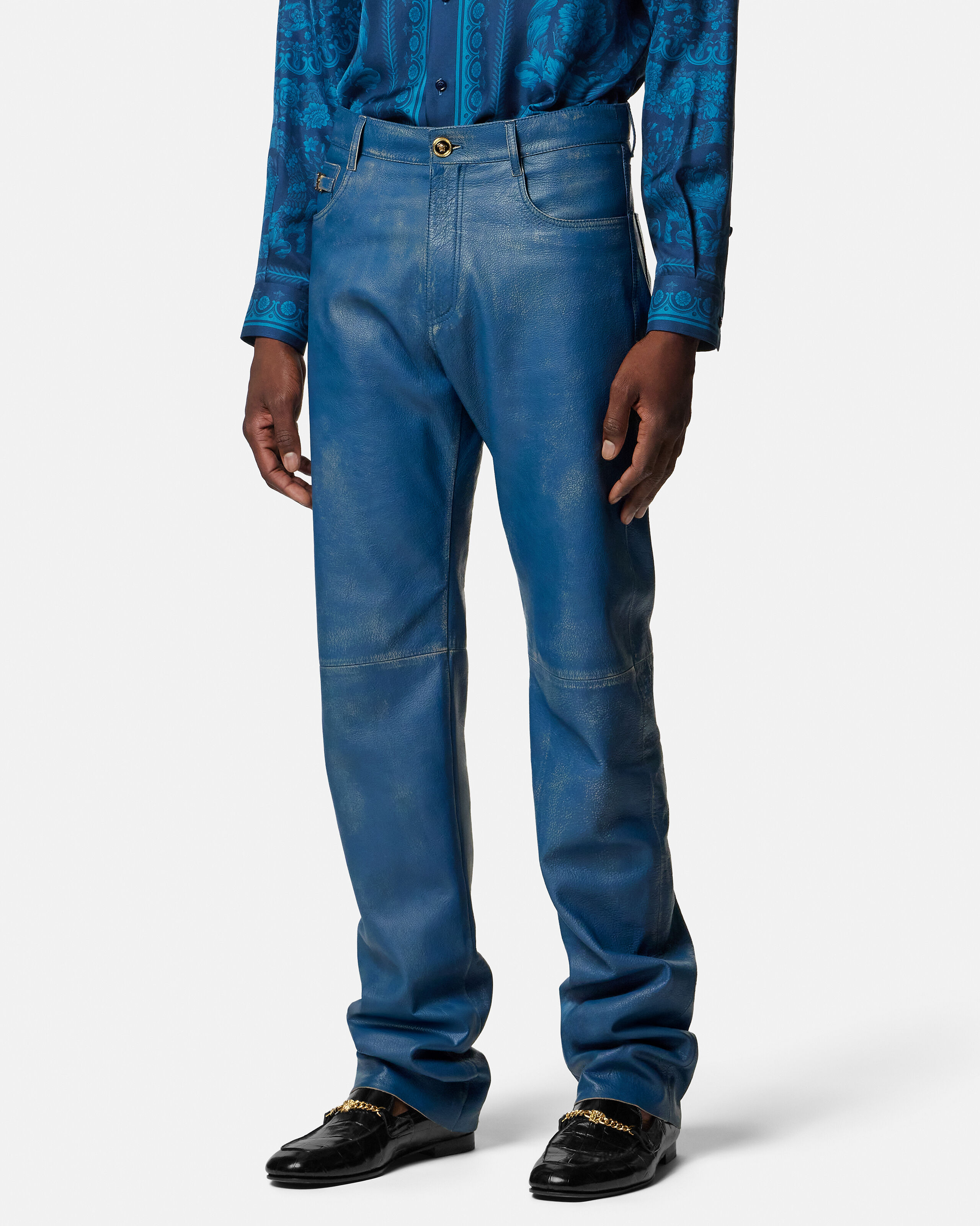 ディストレスト レザー パンツ ブルー | VERSACE JP