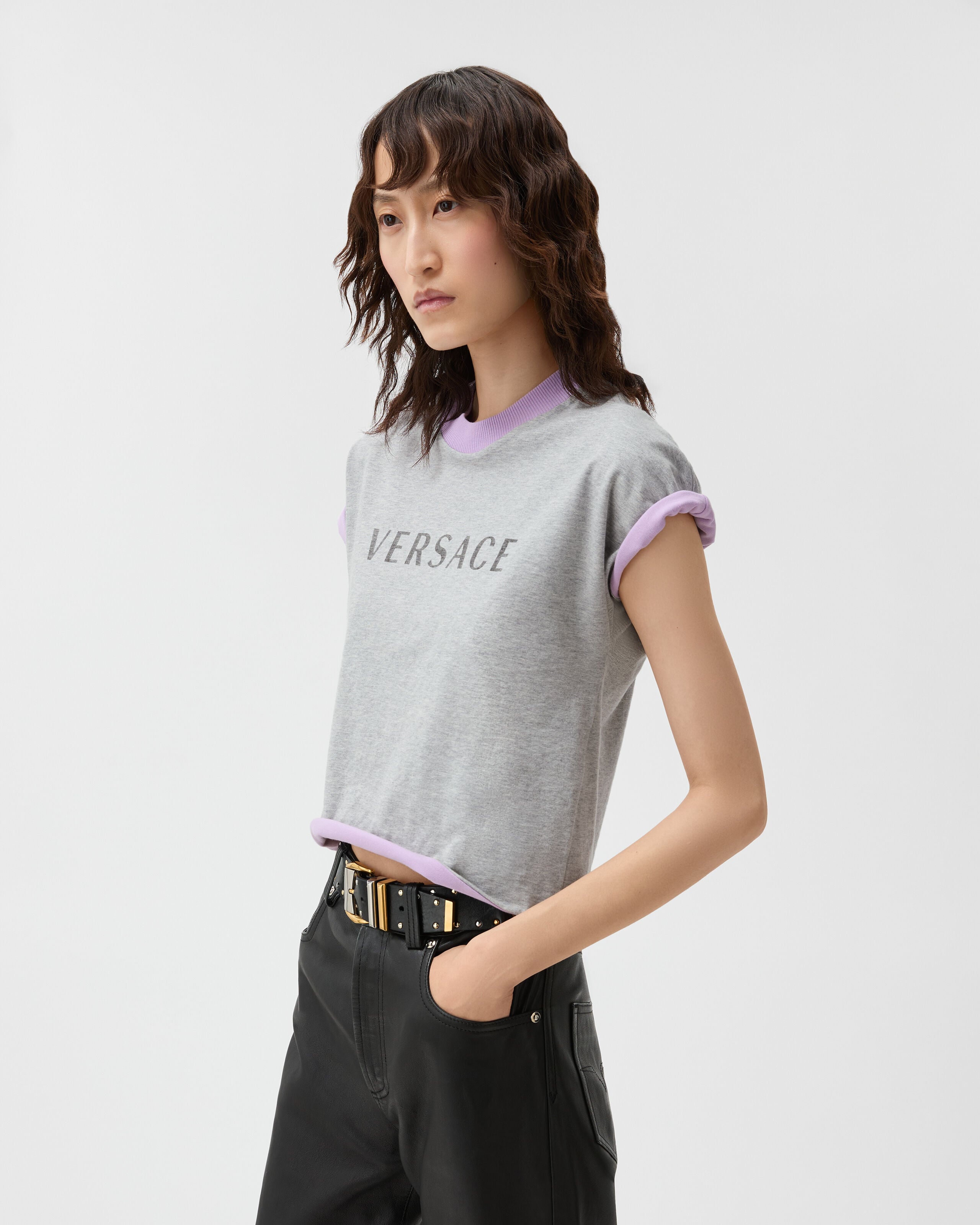 プリント ストレッチ コットンジャージー Tシャツ グレー,パープル