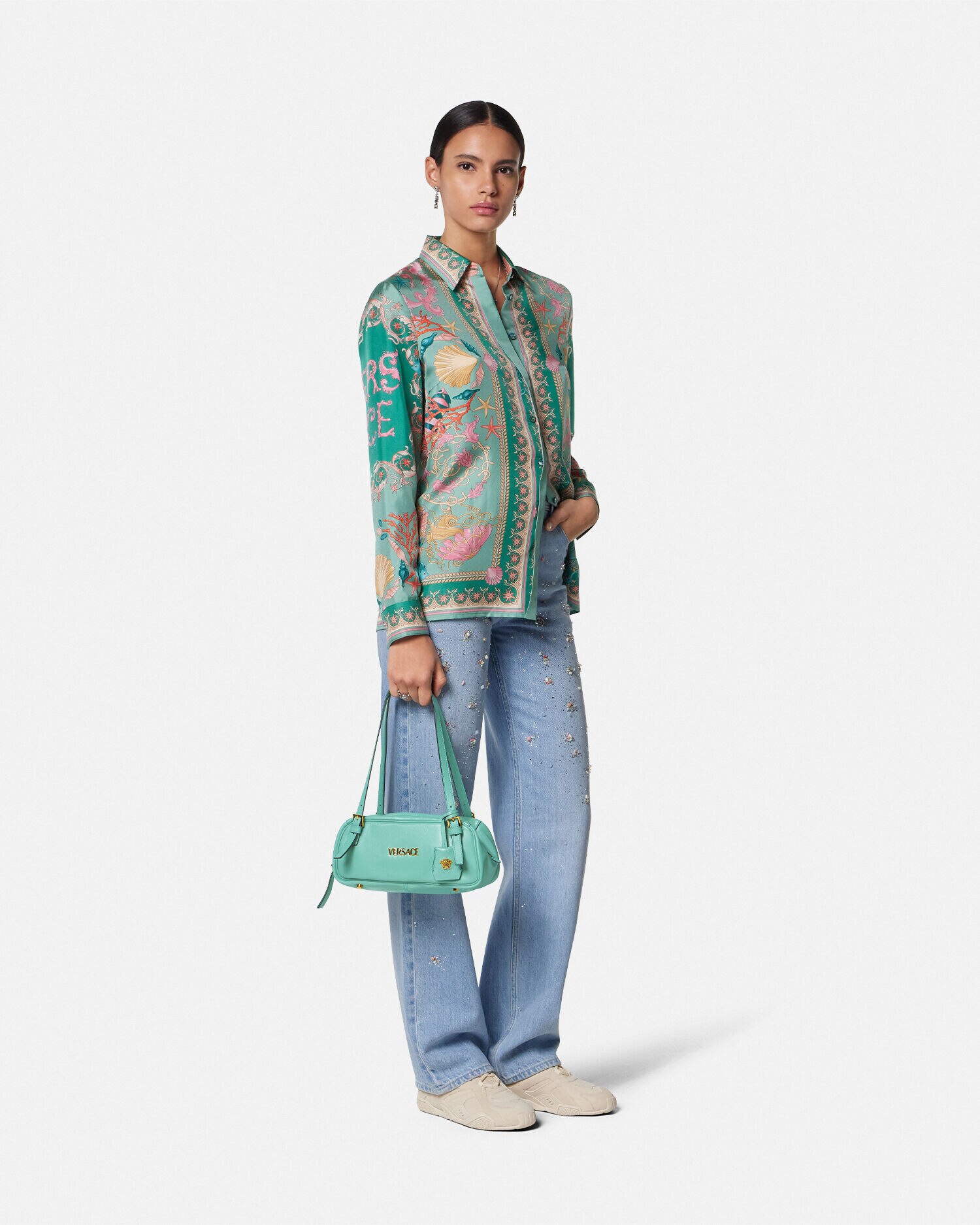関税込 VERSACE＊ボウリング タグ ショルダーバッグ ターコイズ ボウリング ショルダー バッグ ヴェルサーチェ タグ ブルー