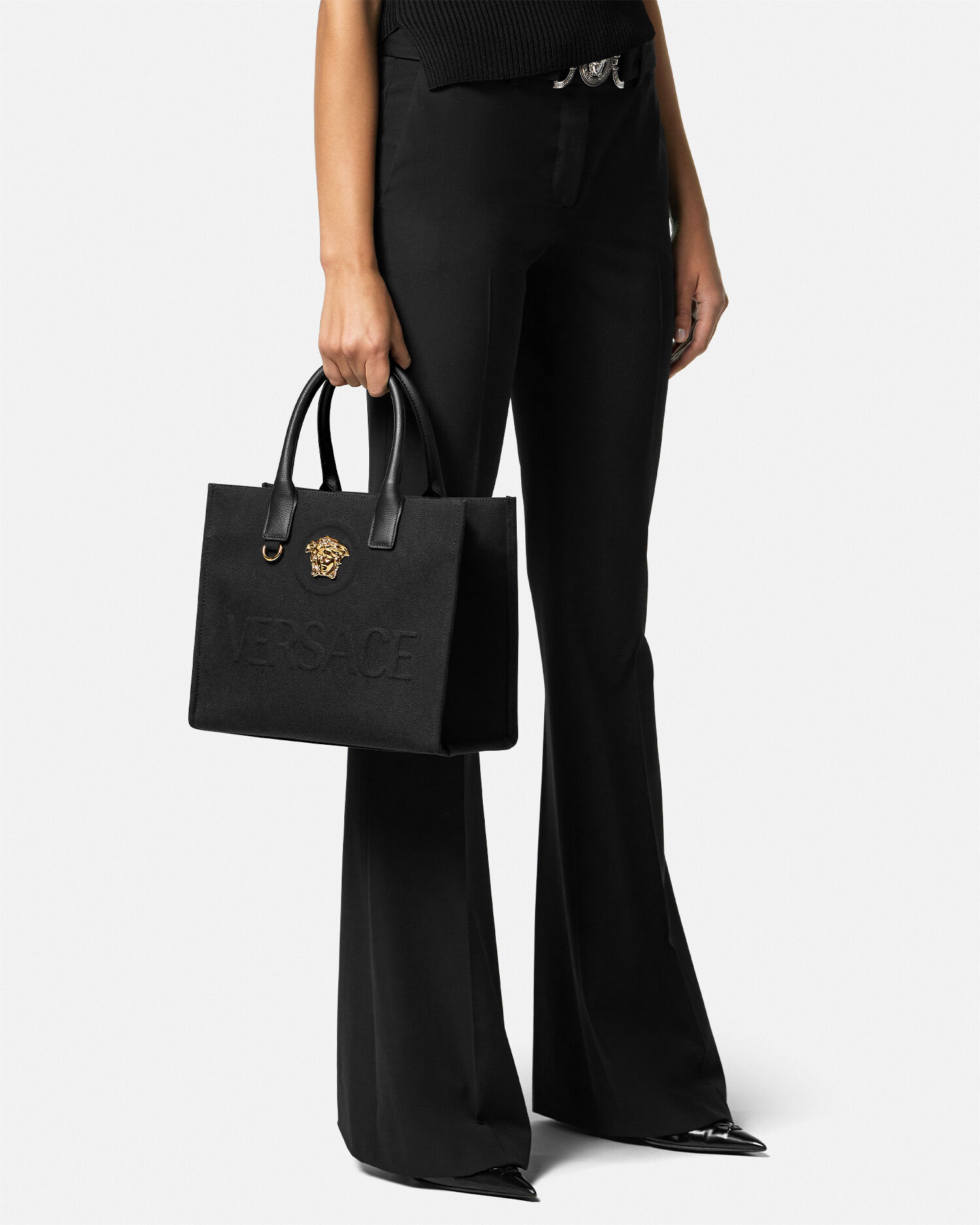 VERSACE ラ メドゥーサ スモール キャンバス トートバッグ ラ メドゥーサ スモール キャンバス トート ブラック,ゴールド