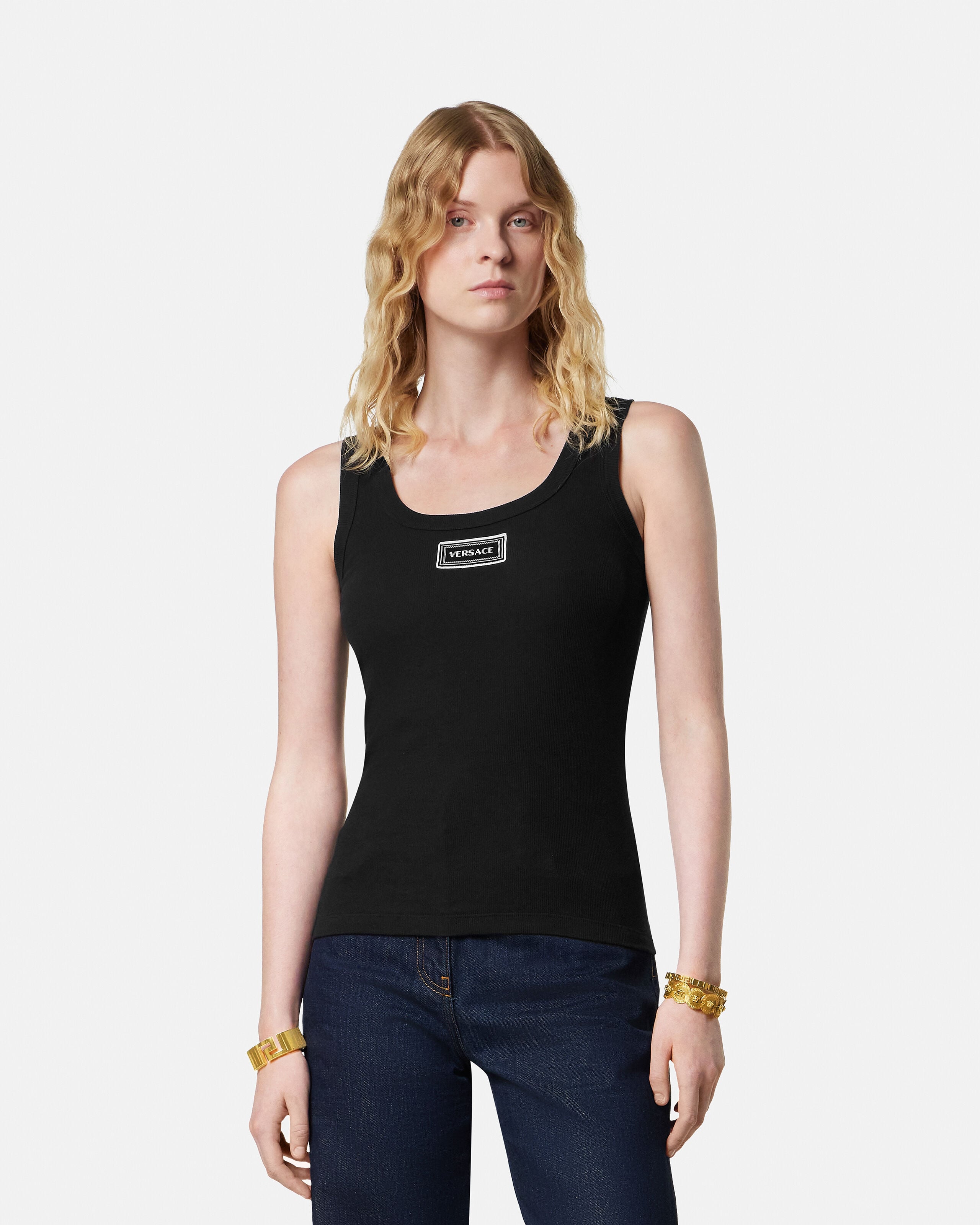 リブ編み ストレッチ コットン タンク トップ ブラック | VERSACE JP