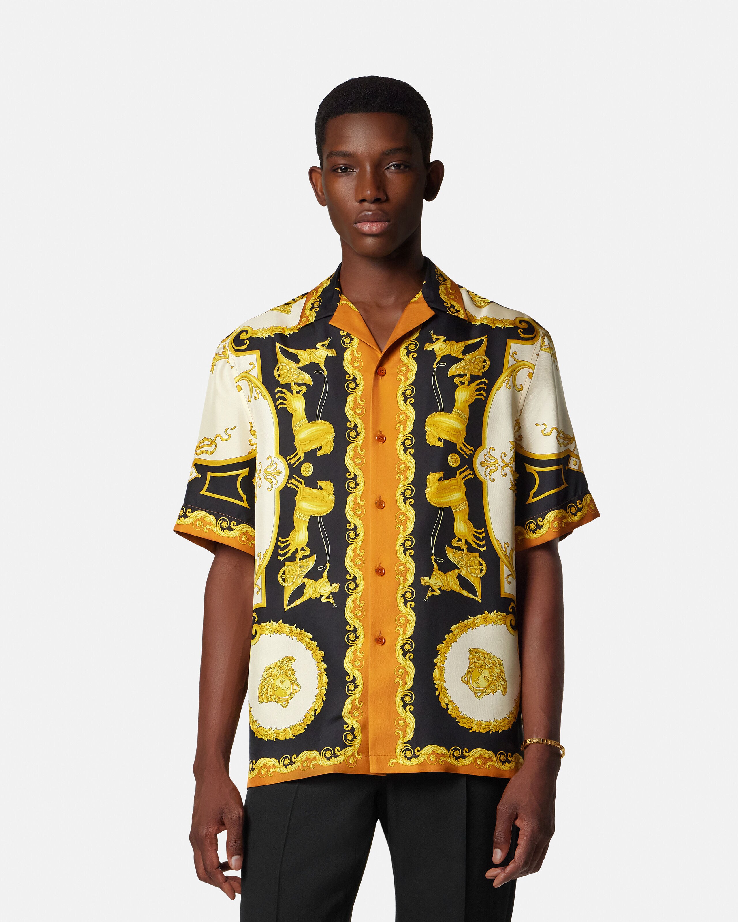 プリント シルク ツイル レギュラー シャツ ブラック,ゴールド