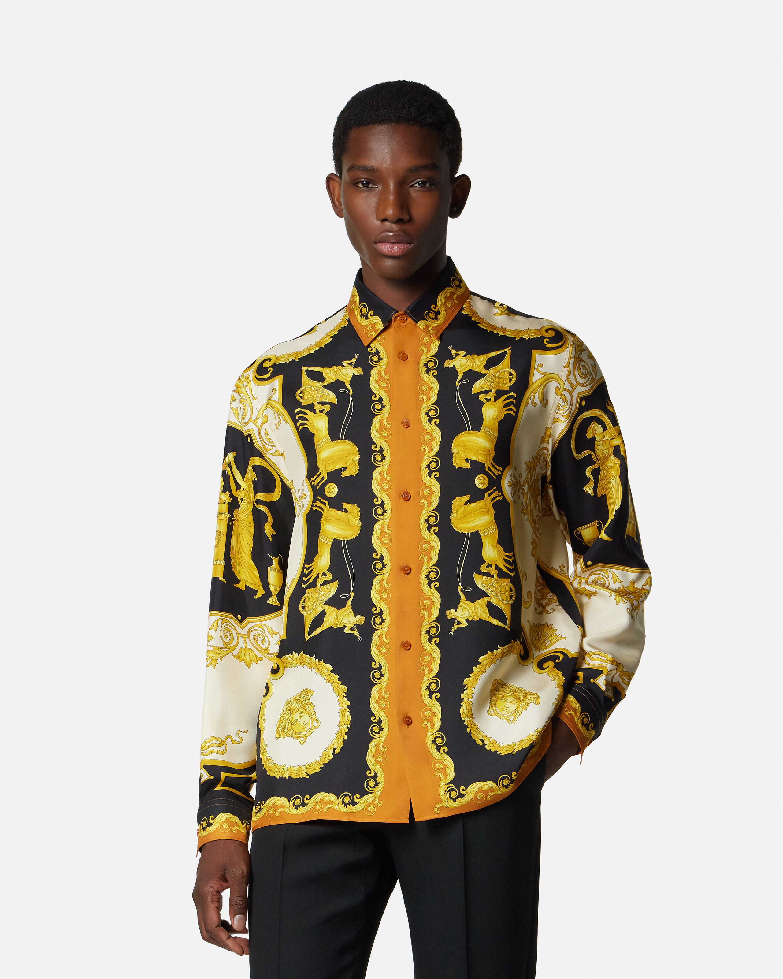 プリント シルク ツイル レギュラー シャツ ブラック,ゴールド