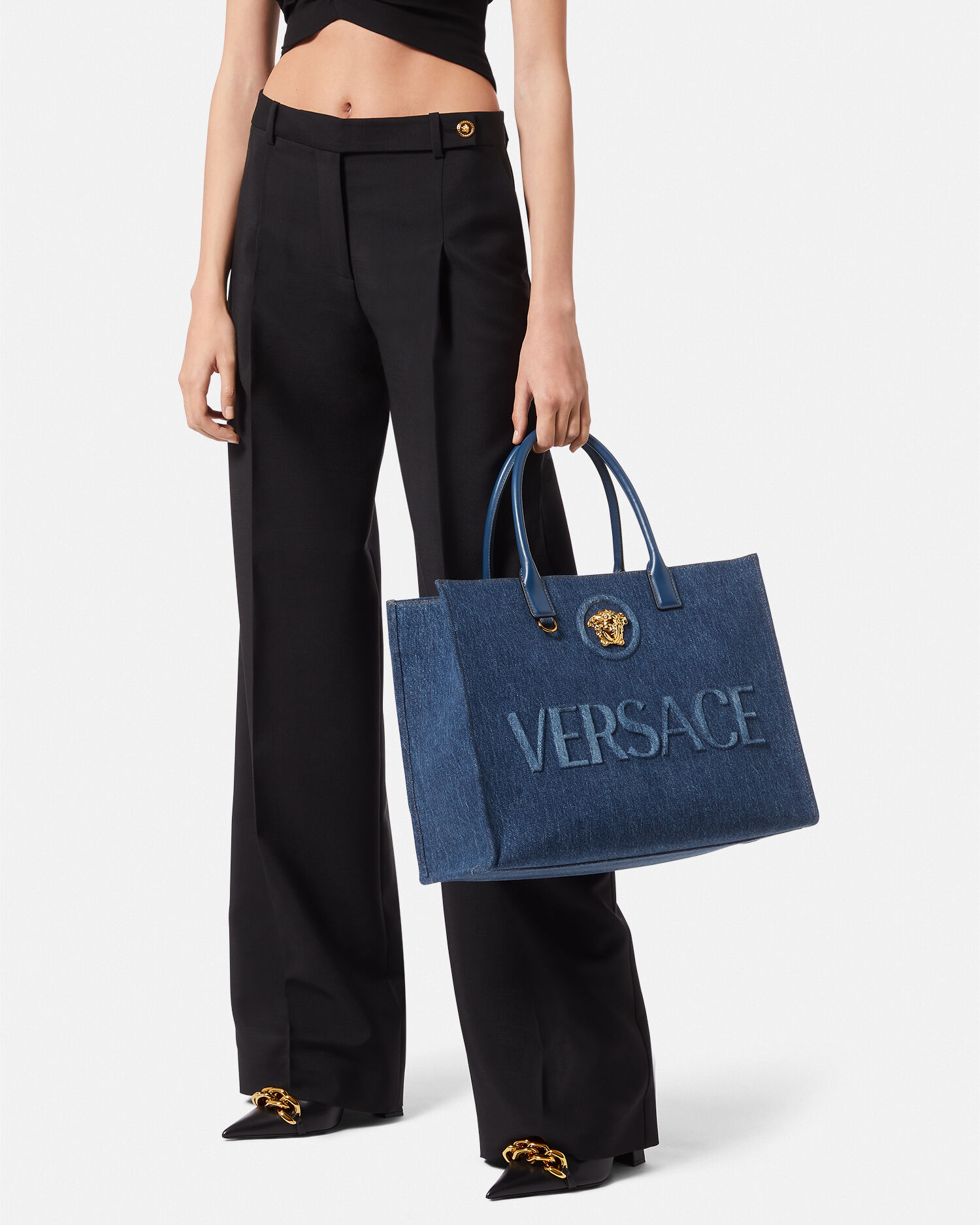 ラ・メドゥーサ デニム ラージ トート バッグ ブルー | VERSACE JP