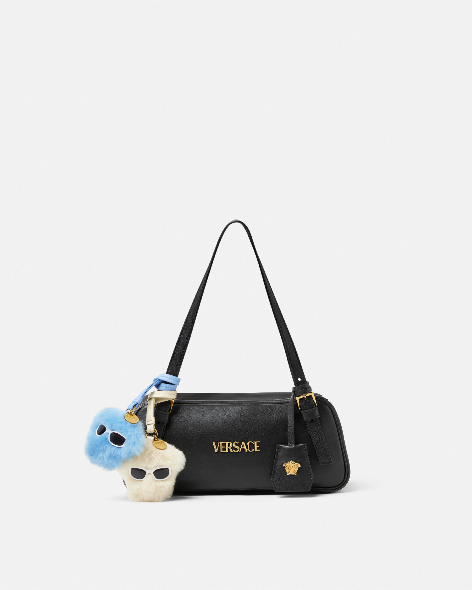 美品ヴェルサーチハンドバッグバニティバッグ　青　チャームつき 美品ヴェルサーチハンドバッグバニティバッグ 青 チャームつき