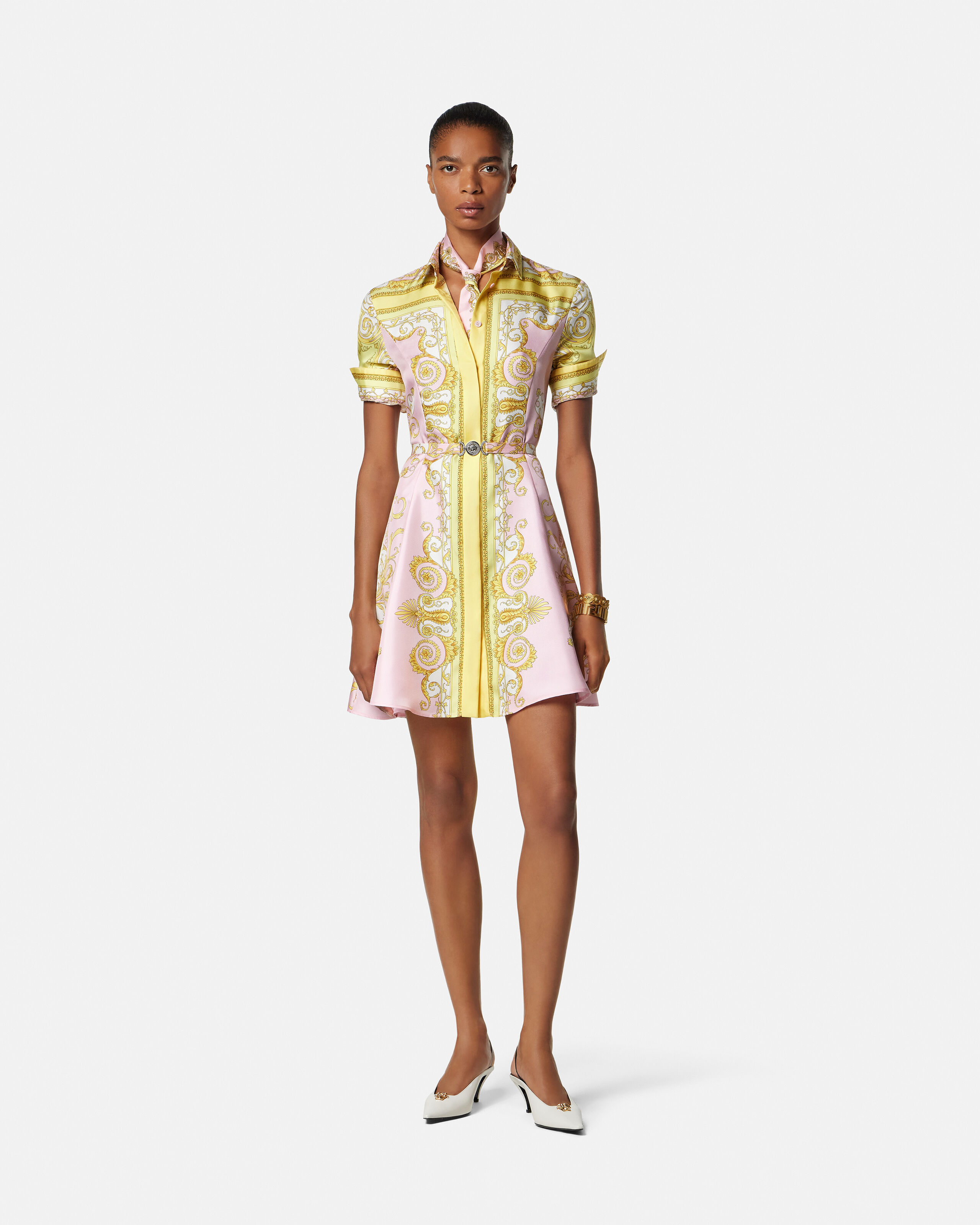 プリント シルク ツイル ミニ シャツ ドレス イエロー,ピンク | VERSACE JP