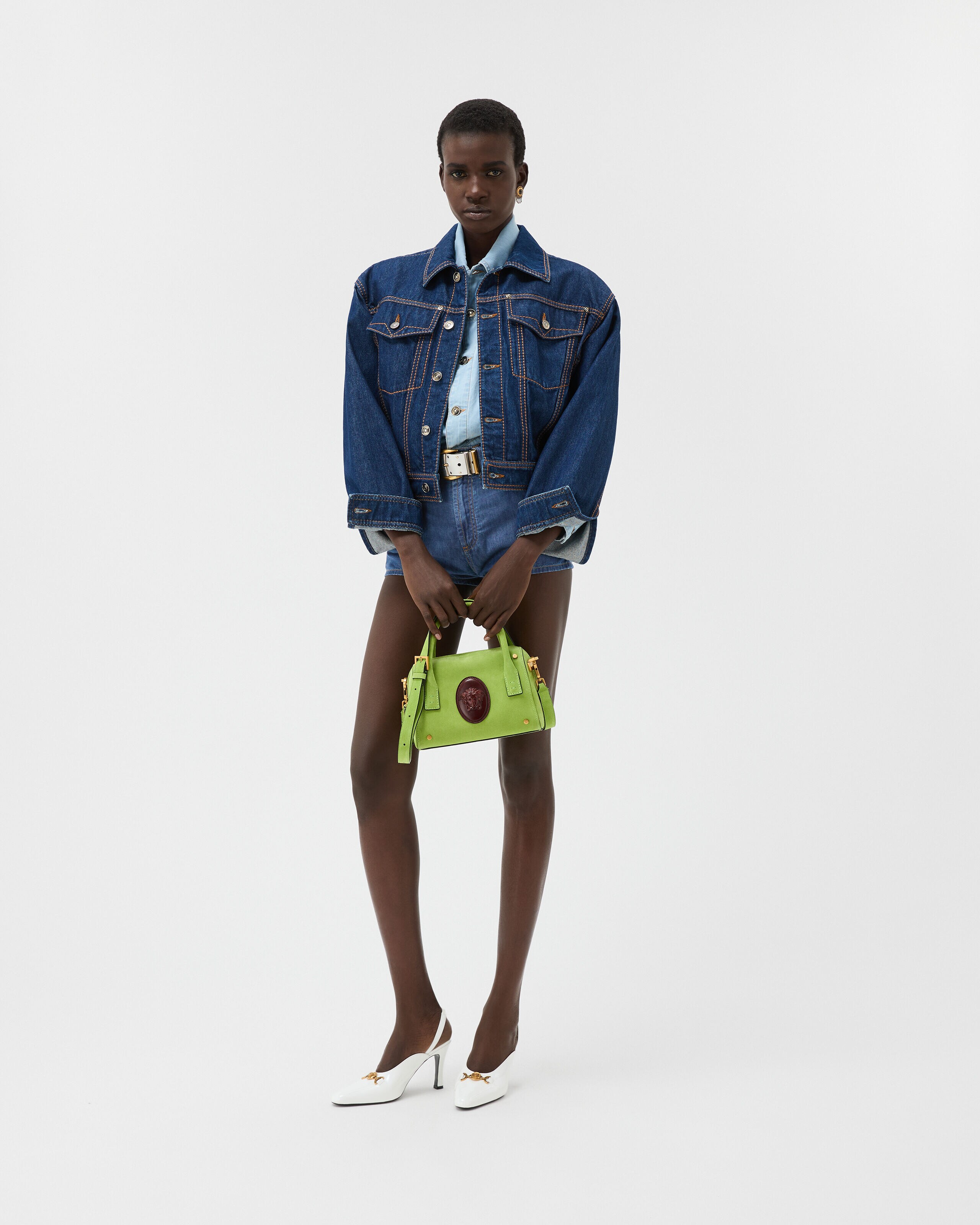 シャンブレー デニム ミニ ショートパンツ ブルー | VERSACE JP