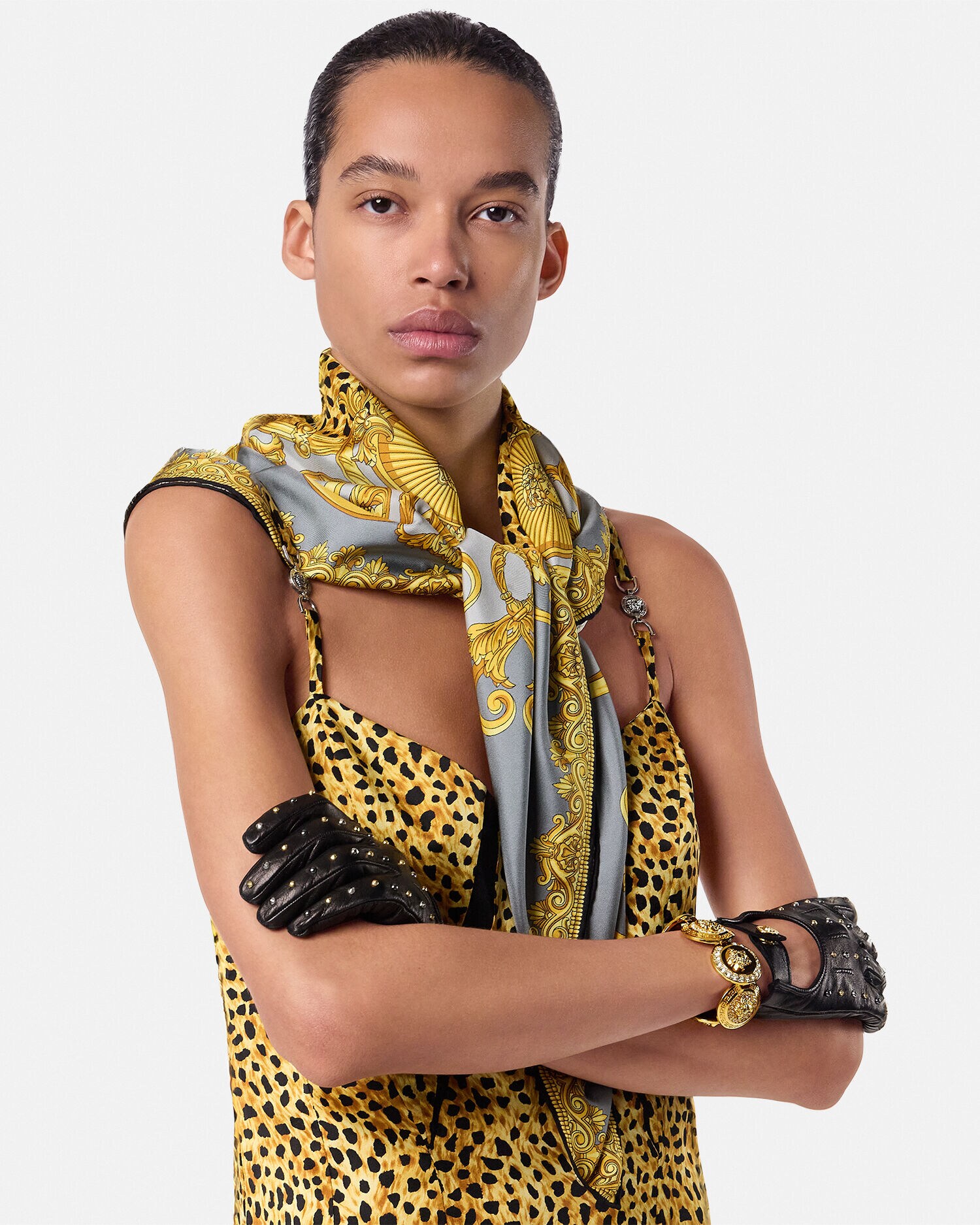 シルクスカーフ ラージ シルク スカーフ 90 cm チーター フラード グレー