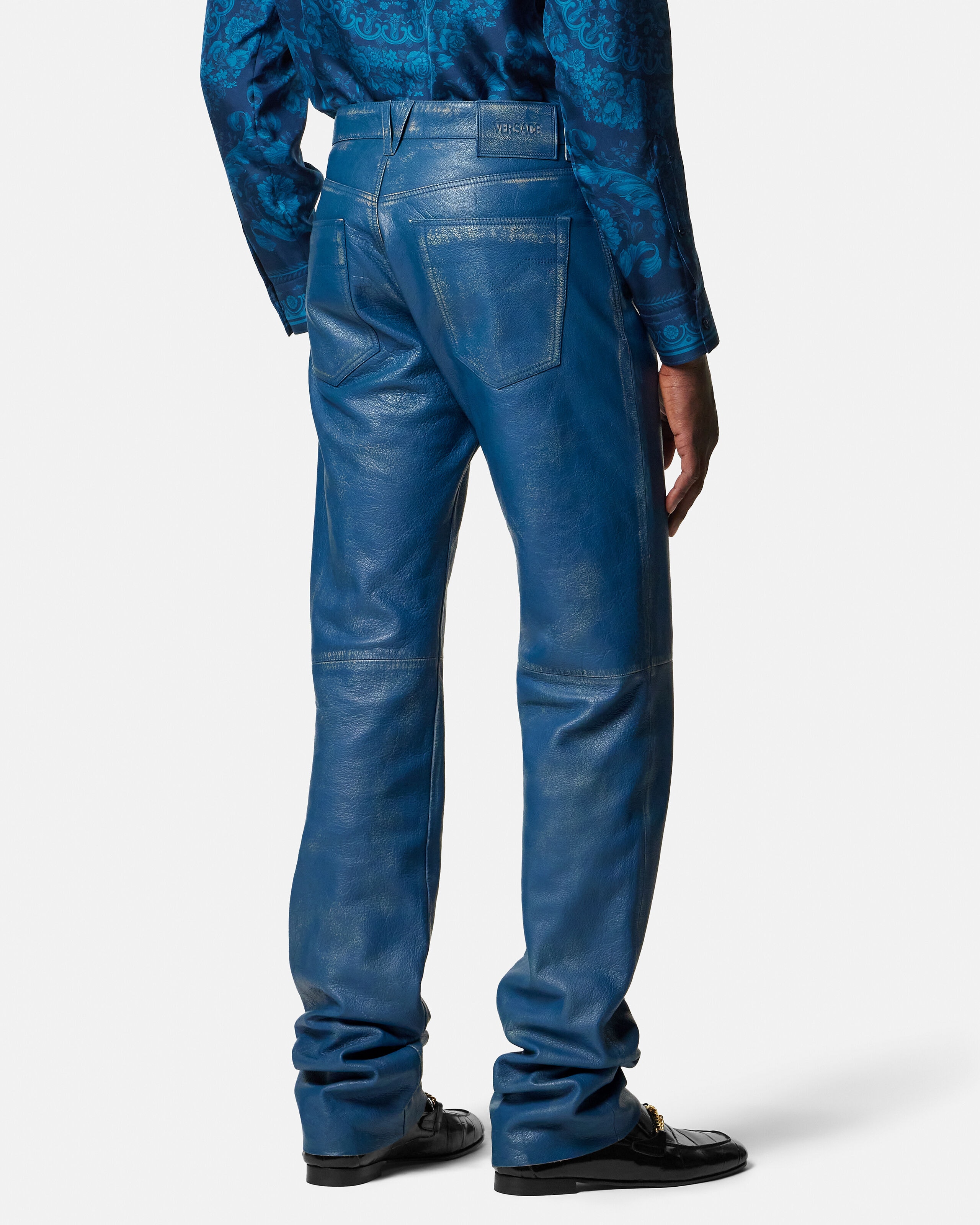 ディストレスト レザー パンツ ブルー | VERSACE JP