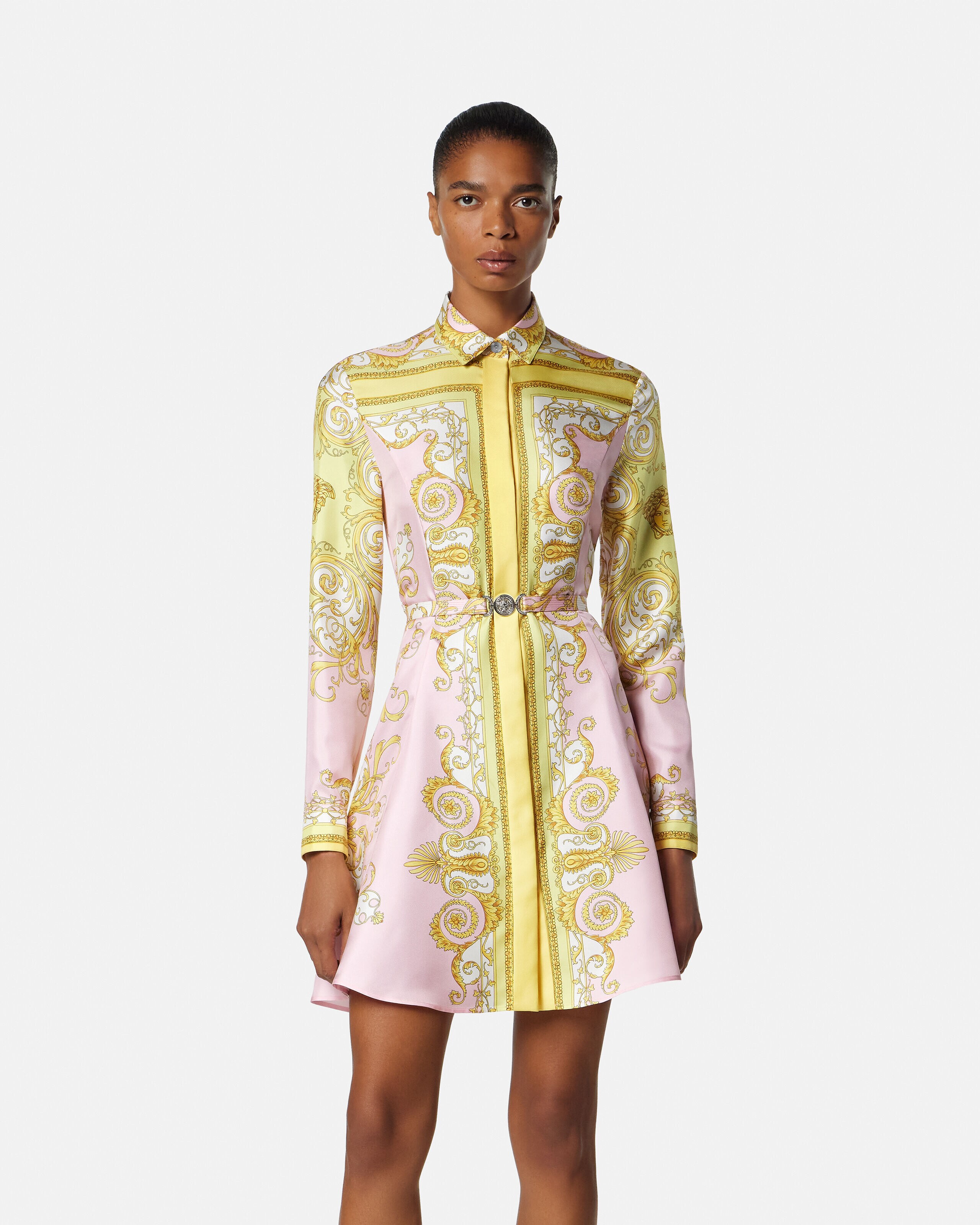 Istanteイスタンテ ベルサーチ　シャツ　ドレスシャツ　シルク プリント シルク ツイル ミニ シャツ ドレス イエロー,ピンク | VERSACE JP