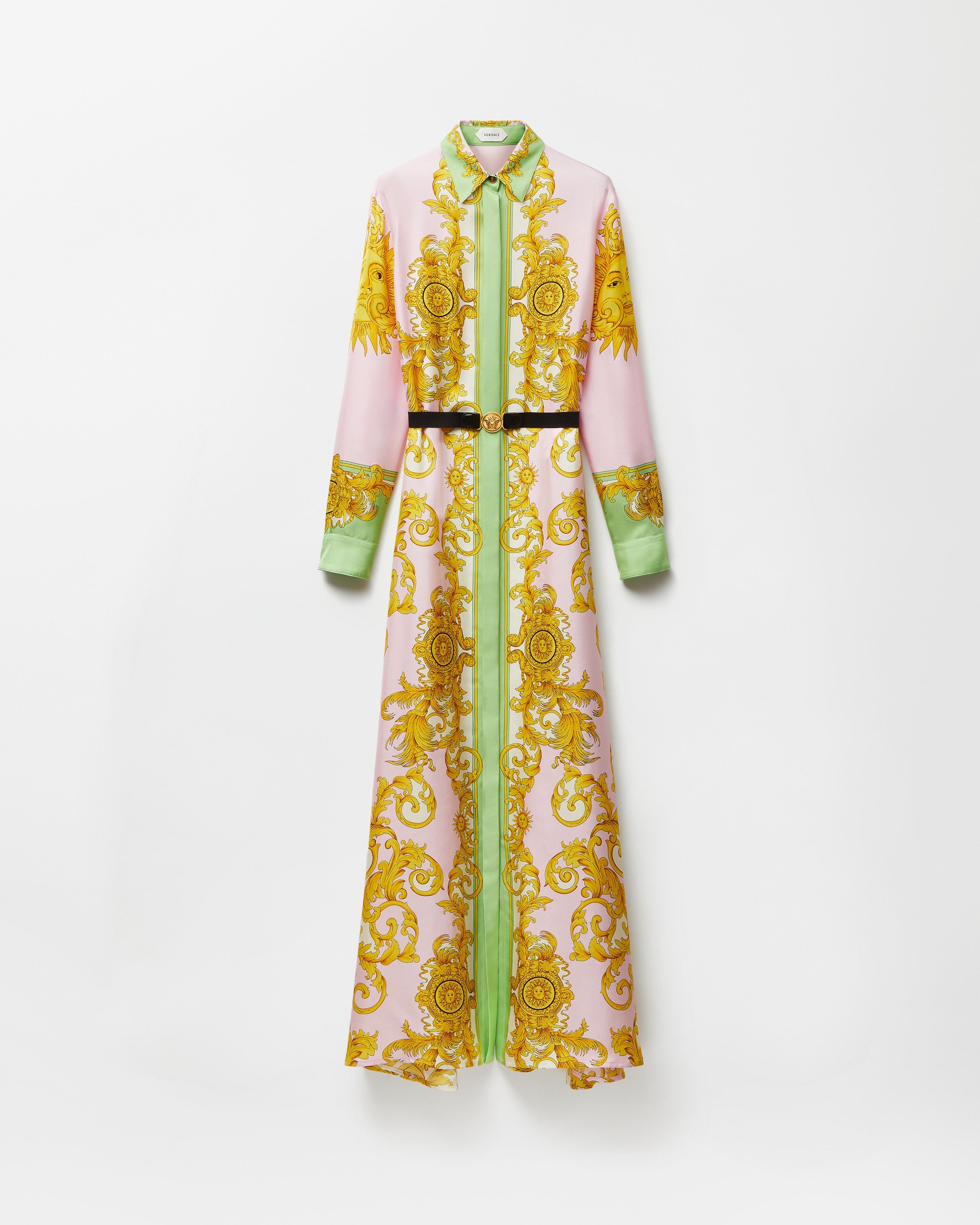 ロング丈ドレス　Versace プリント シルク ツイル ロング ドレス イエロー,ピンク | VERSACE JP