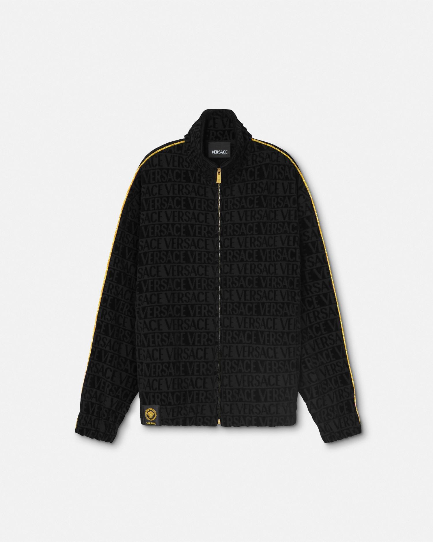 VERSACE ヴェルサーチ V2 ジップアップジャケット L ブラック VERSACE オールオーバー ロゴ ジャージー セットアップ (VERSACE