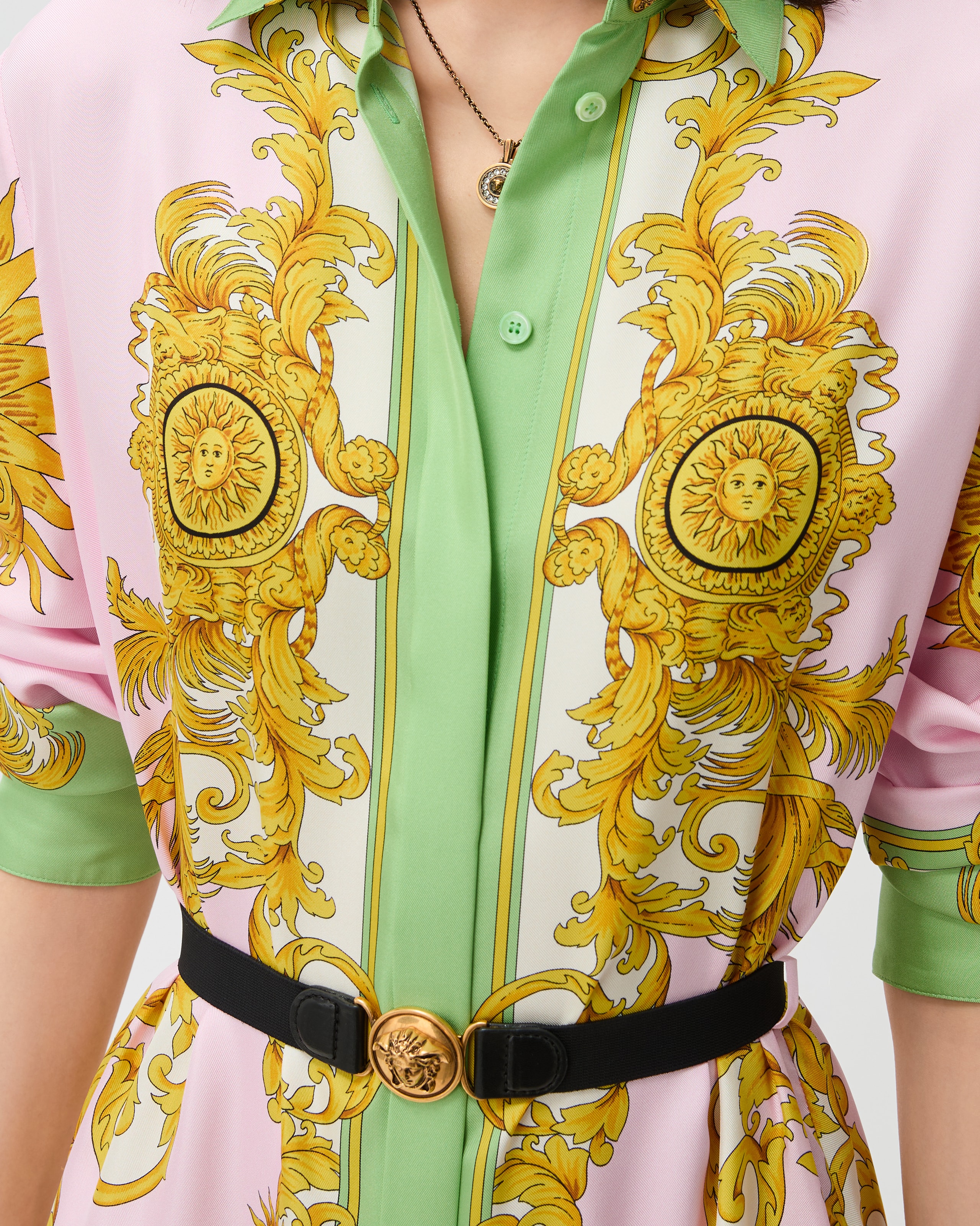 プリント シルク ツイル ロング ドレス イエロー,ピンク | VERSACE JP