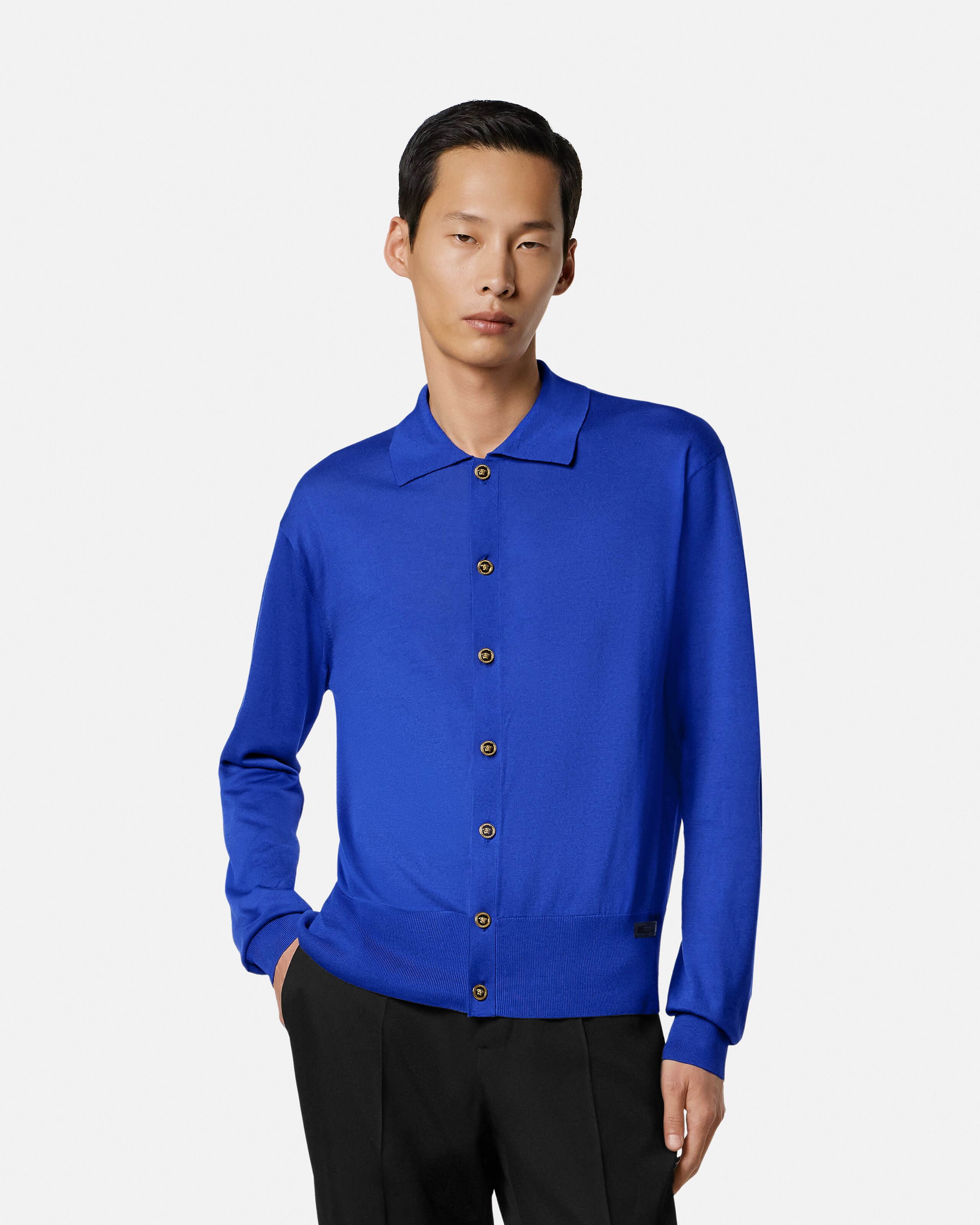 シルクコットン ニット ポロ カーディガン ブラック | VERSACE JP
