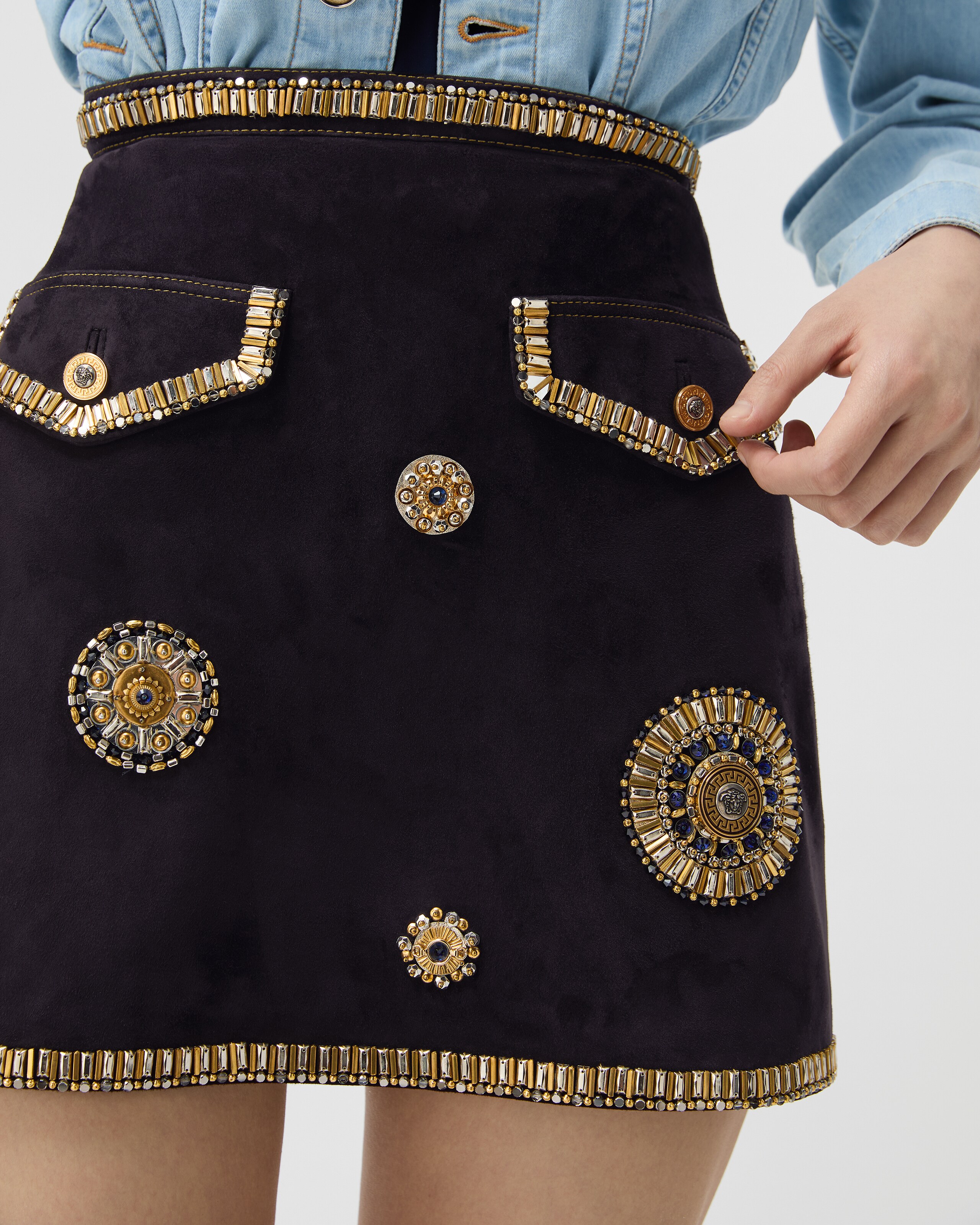 刺繍入り スエード ミニ スカート ブルー | VERSACE JP