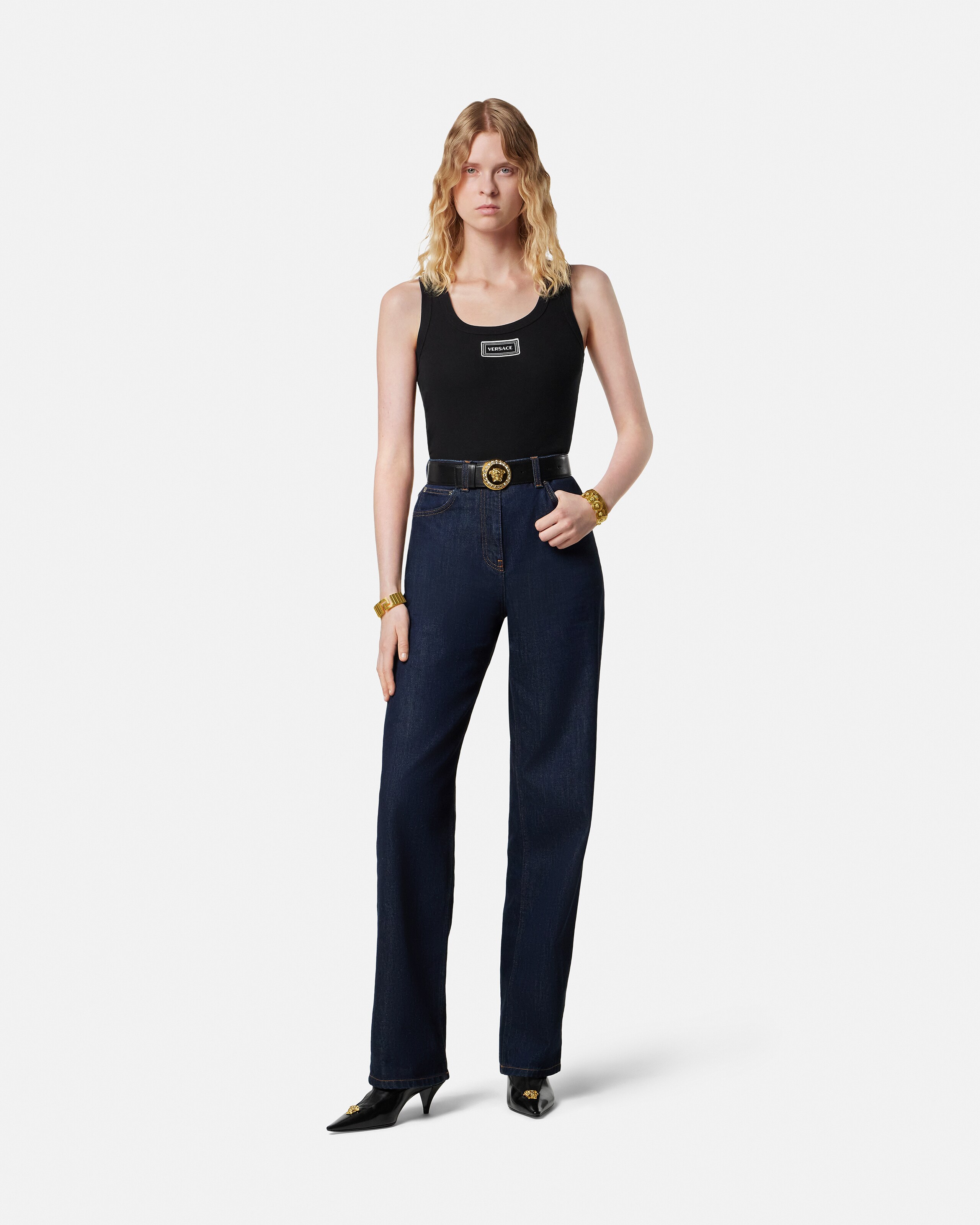 リブ編み ストレッチ コットン タンク トップ ブラック | VERSACE JP