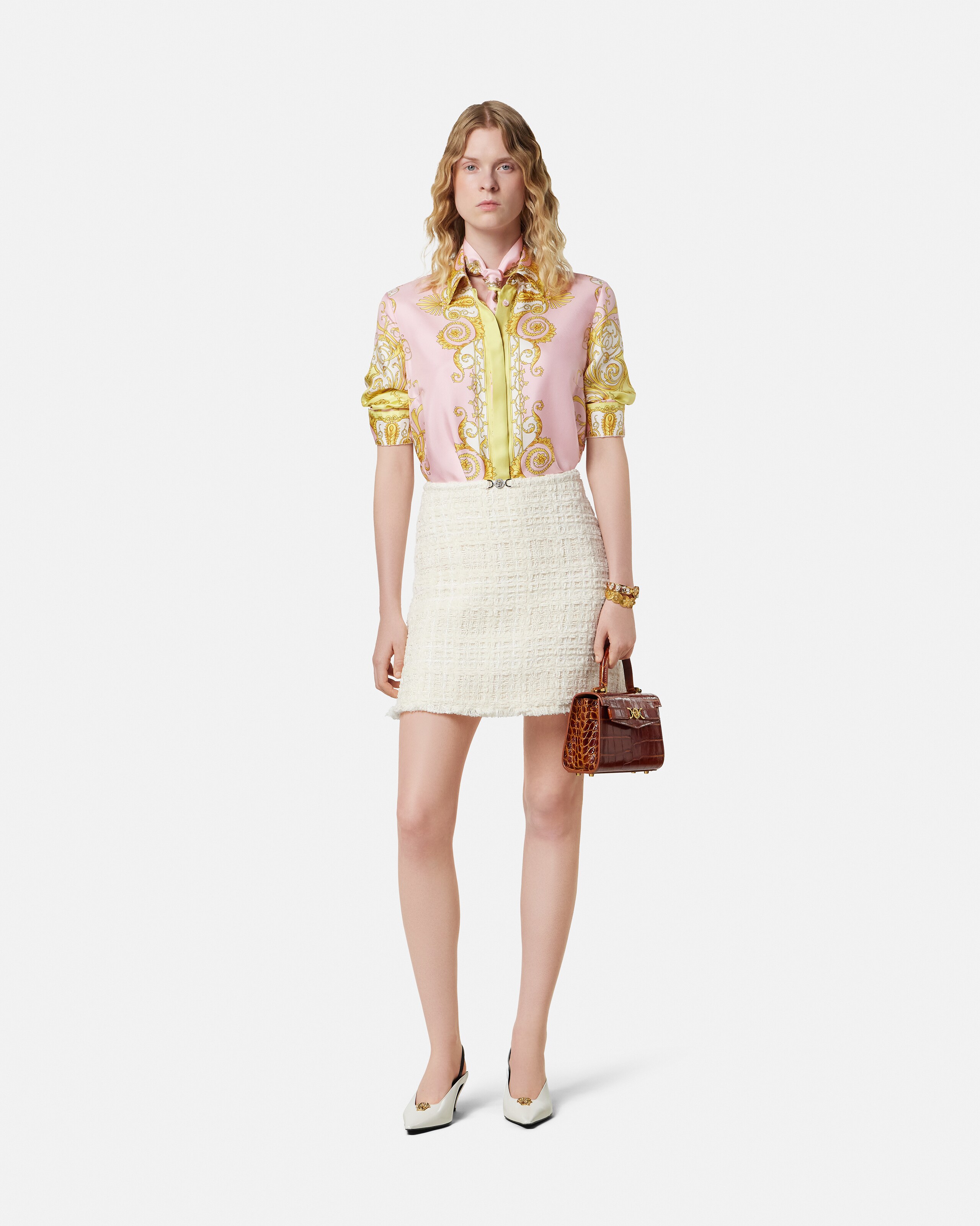 VERSACE 新品タグ付き グレカ シャツ ピンク シルクシャツ プリント シルク ツイル シャツ ブルー,ゴールド | VERSACE JP