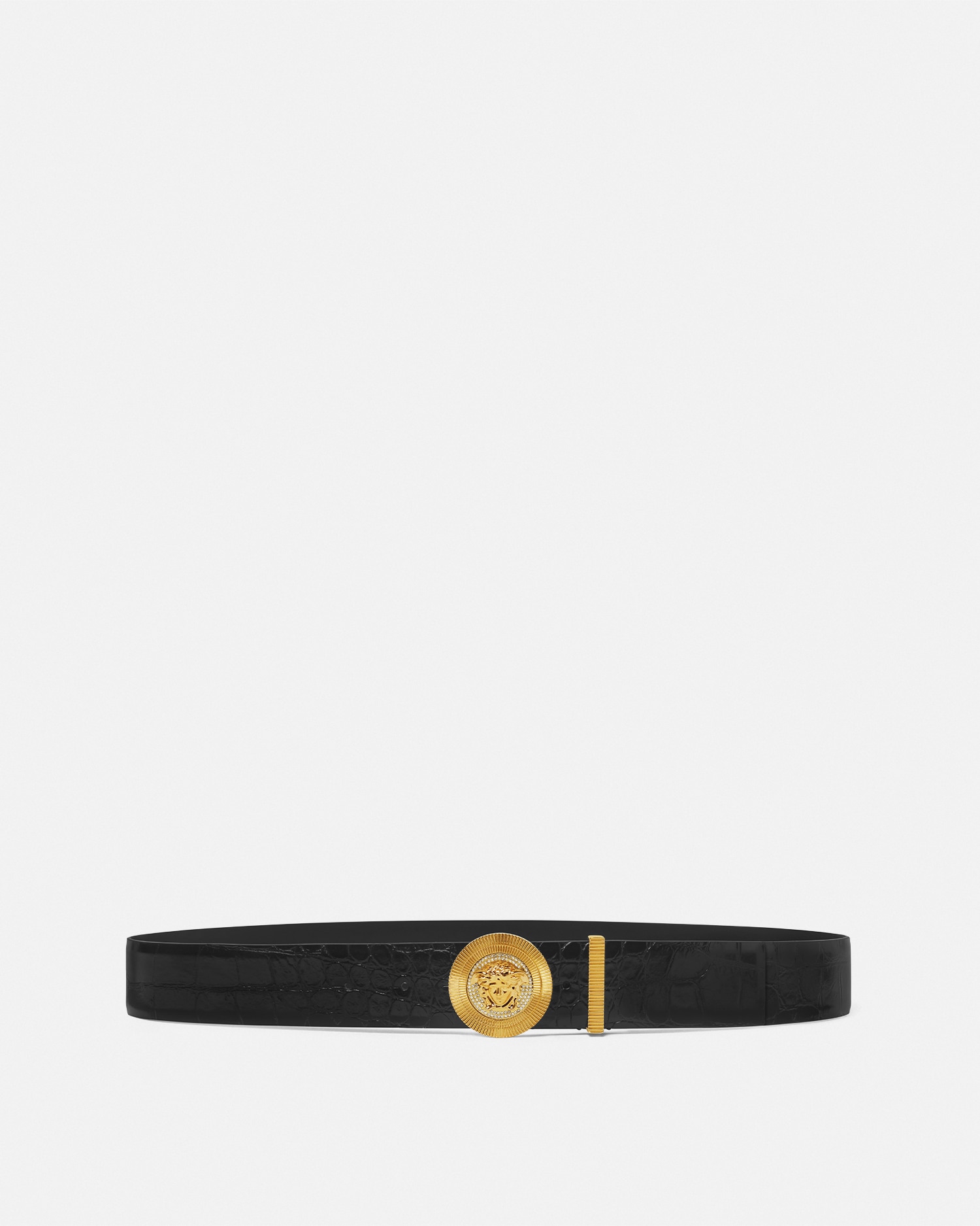 ヴェルサーチェ☆Vロゴ ゴールドバックル レザーベルト メドゥーサ ヘリテージ レザー ベルト 3 cm ブラック | VERSACE JP