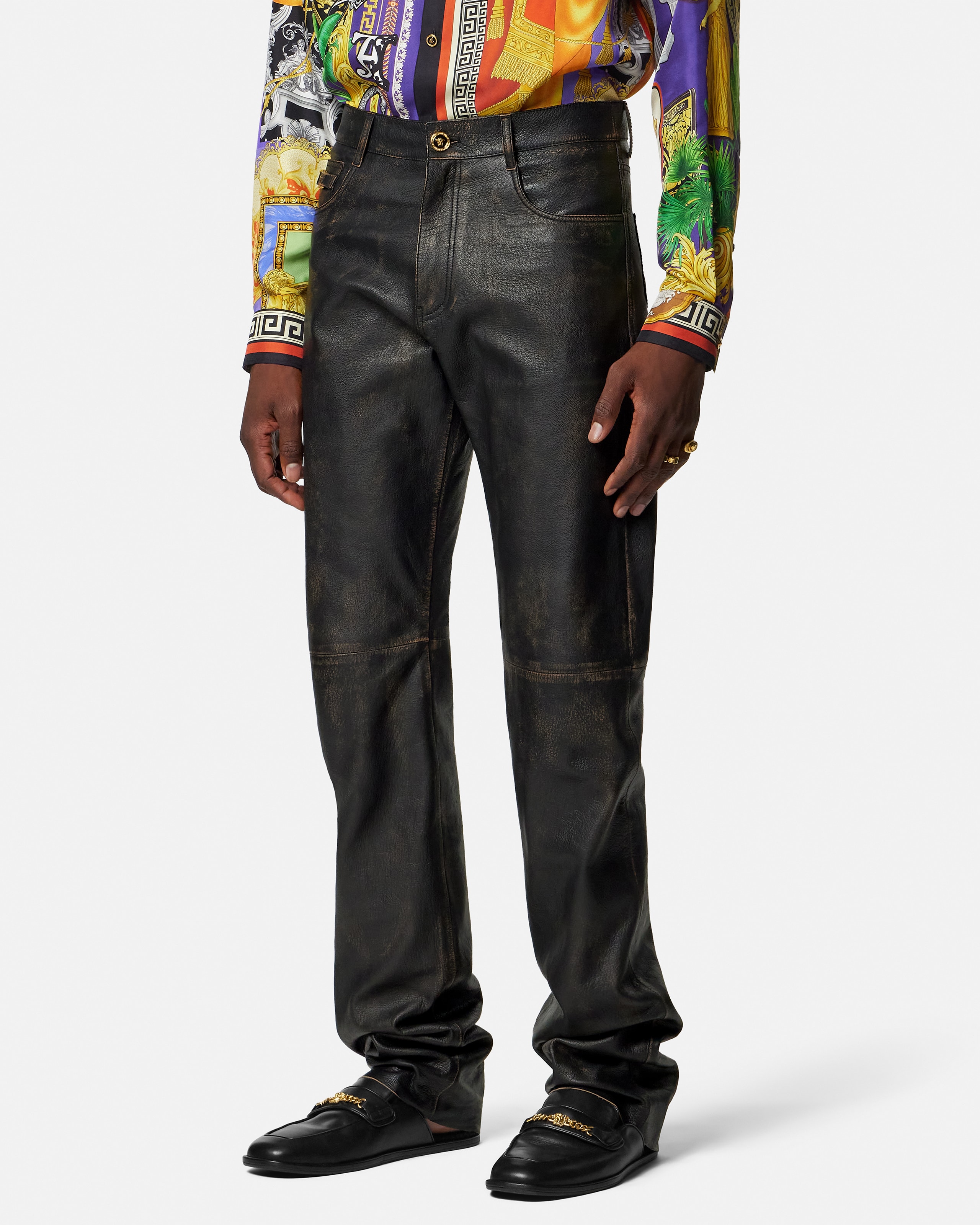 ディストレスト レザー パンツ ブルー | VERSACE JP