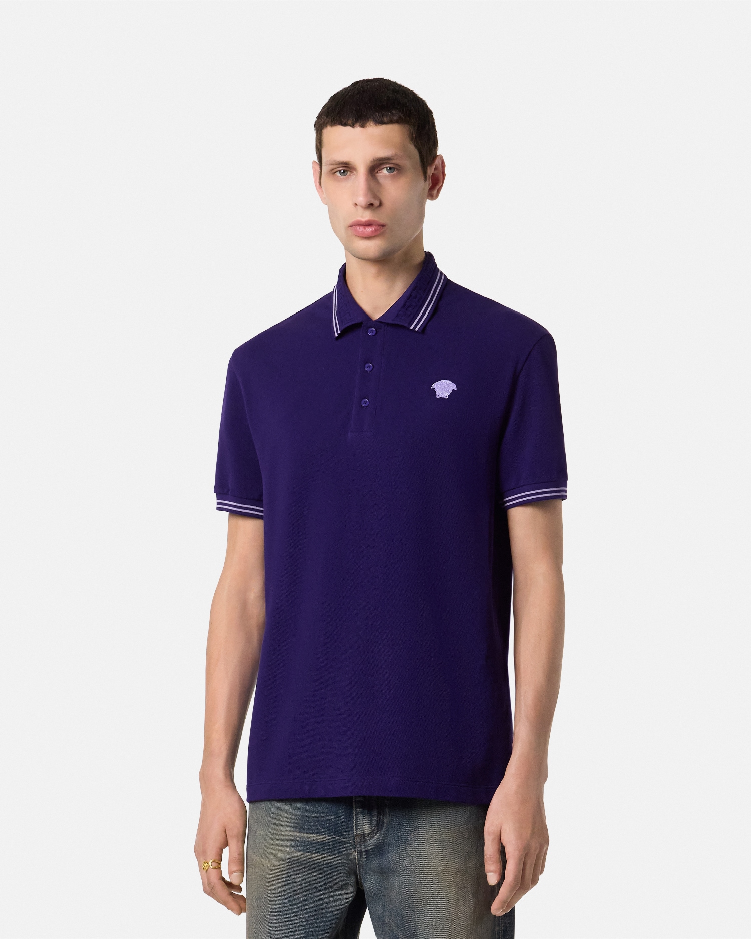 刺繍入り コットン ピケ ポロシャツ ブラック | VERSACE JP