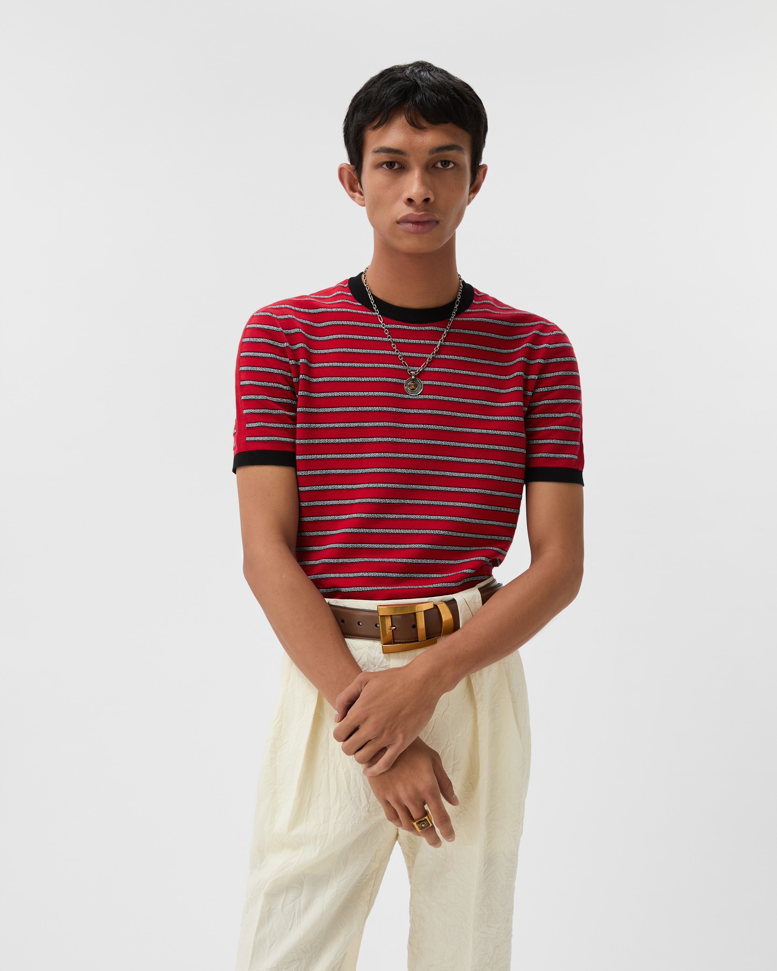 A.VERSACE レッド Tシャツ パンツセット/LL ジャカード コットンブレンド ニット Tシャツ レッド | VERSACE JP