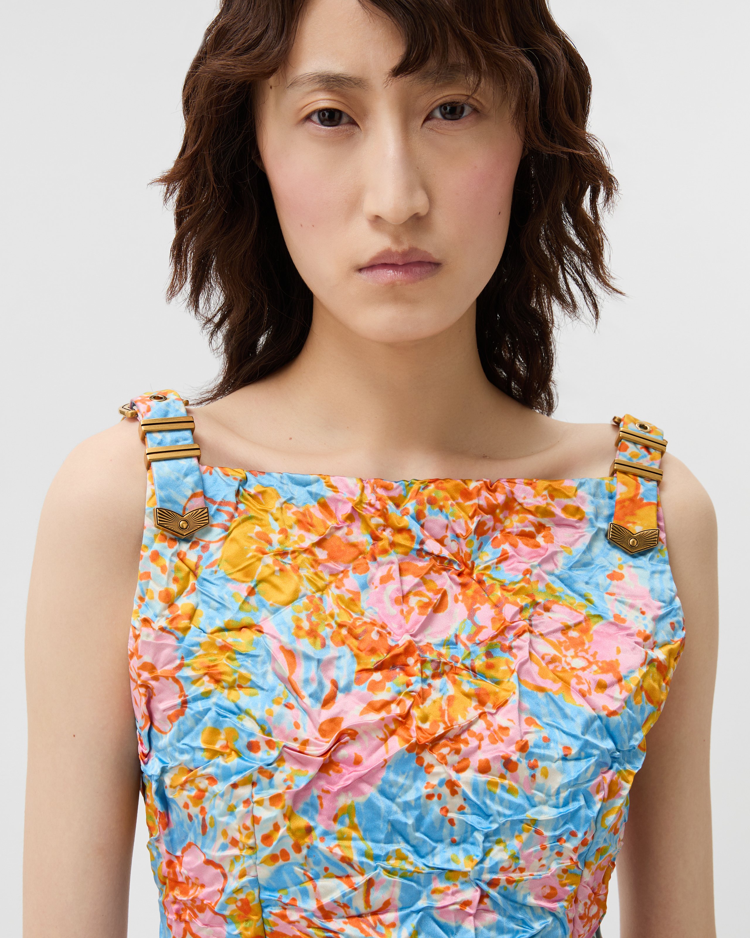 プリント シルク ダッチェス ミニ ドレス ブルー,オレンジ | VERSACE JP