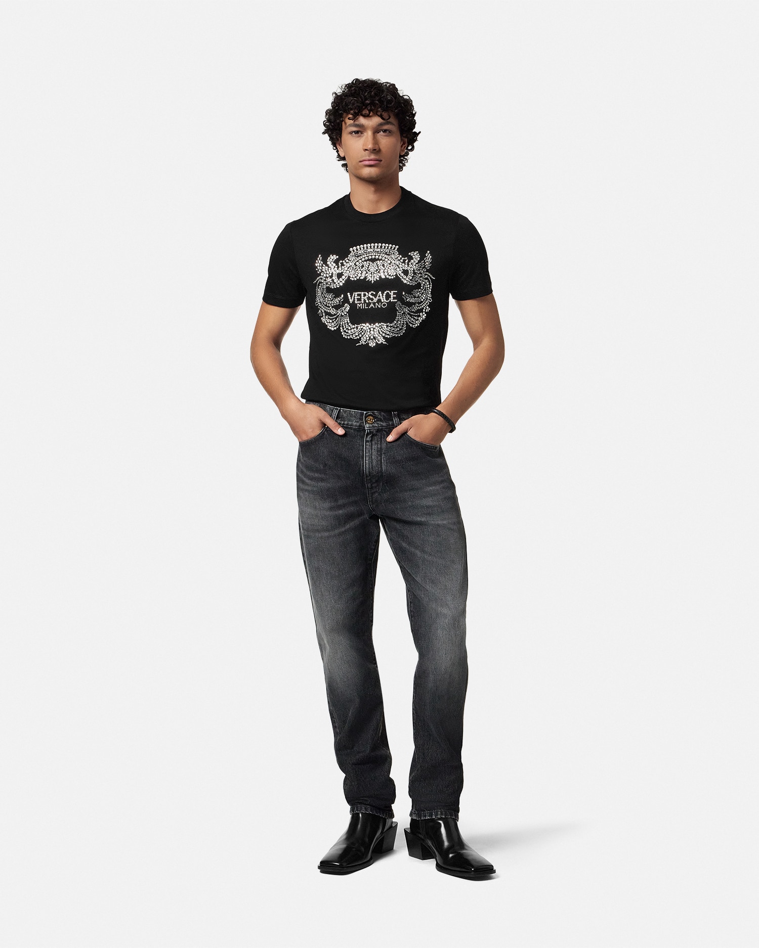 【VERSACE】ダイブ イン クレスト クリスタル付き Tシャツ 半袖 90_1013944-