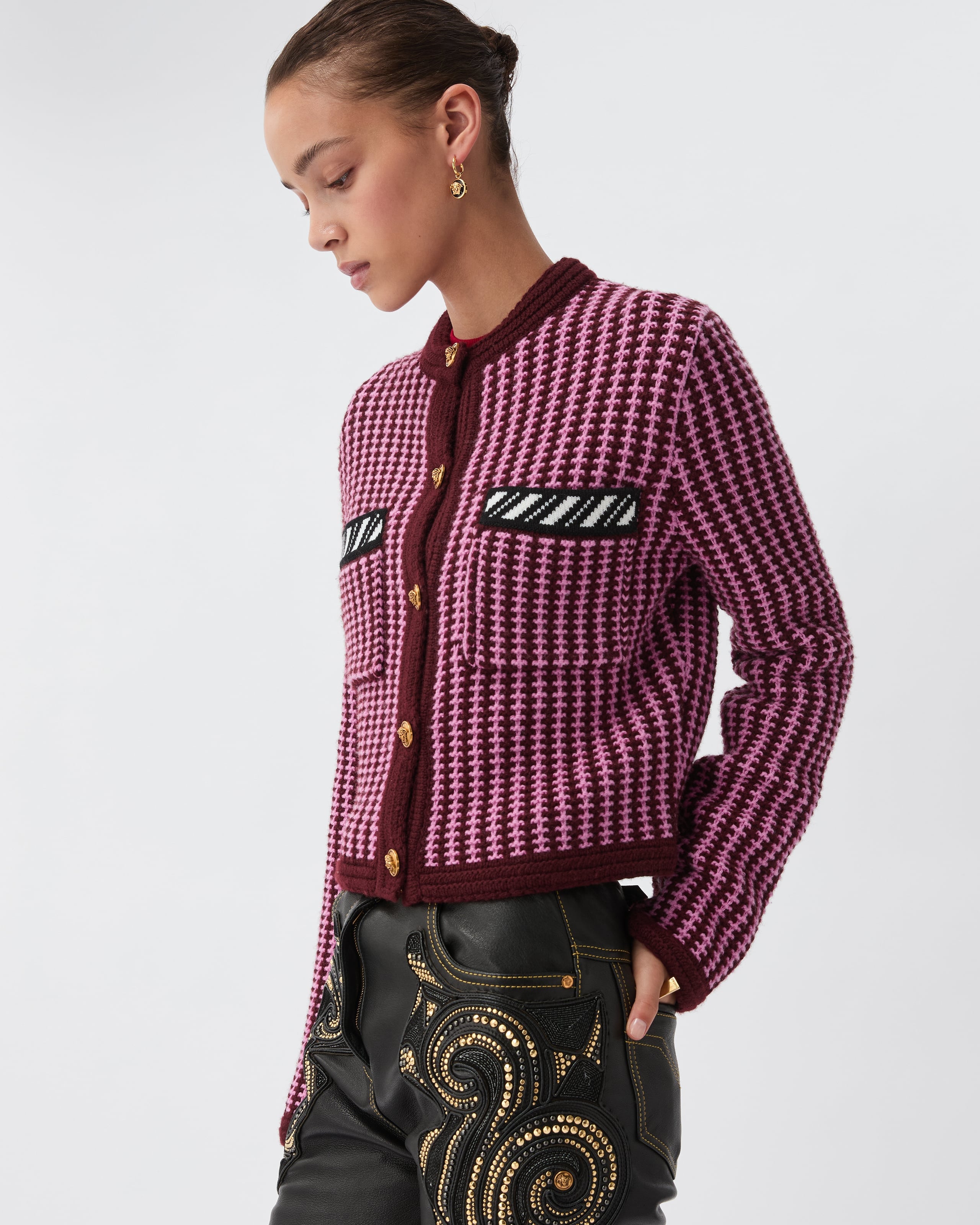 ウール クロシェ ニット カーディガン ピンク | VERSACE JP