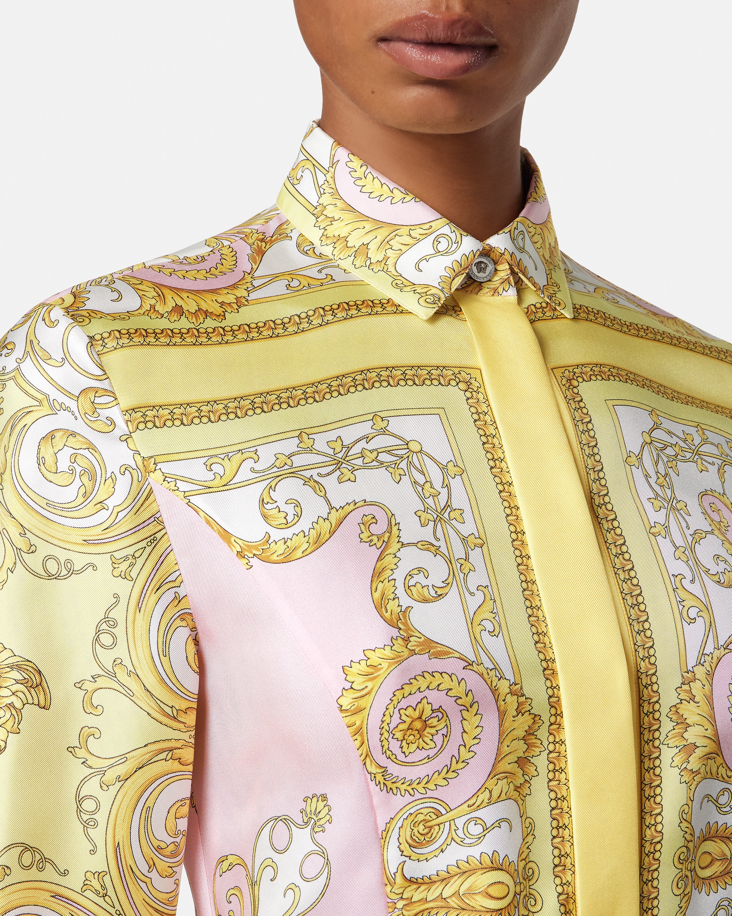 VERSACE シルクインサートミニドレス ミニワンピース　36(XS) プリント シルク ツイル ミニ シャツ ドレス イエロー,ピンク | VERSACE JP