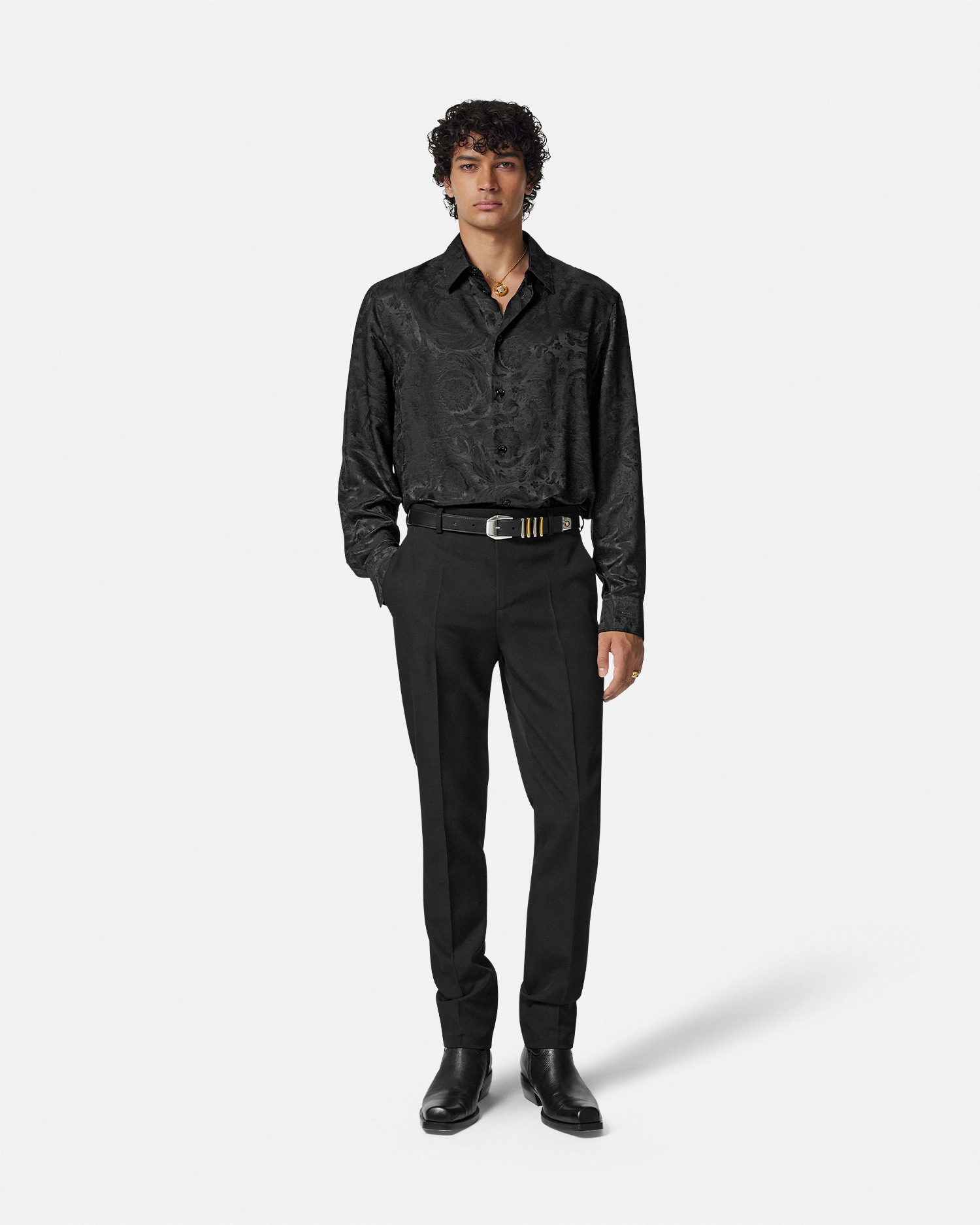 ジャカード シルクブレンド レギュラー シャツ ブラック | VERSACE JP