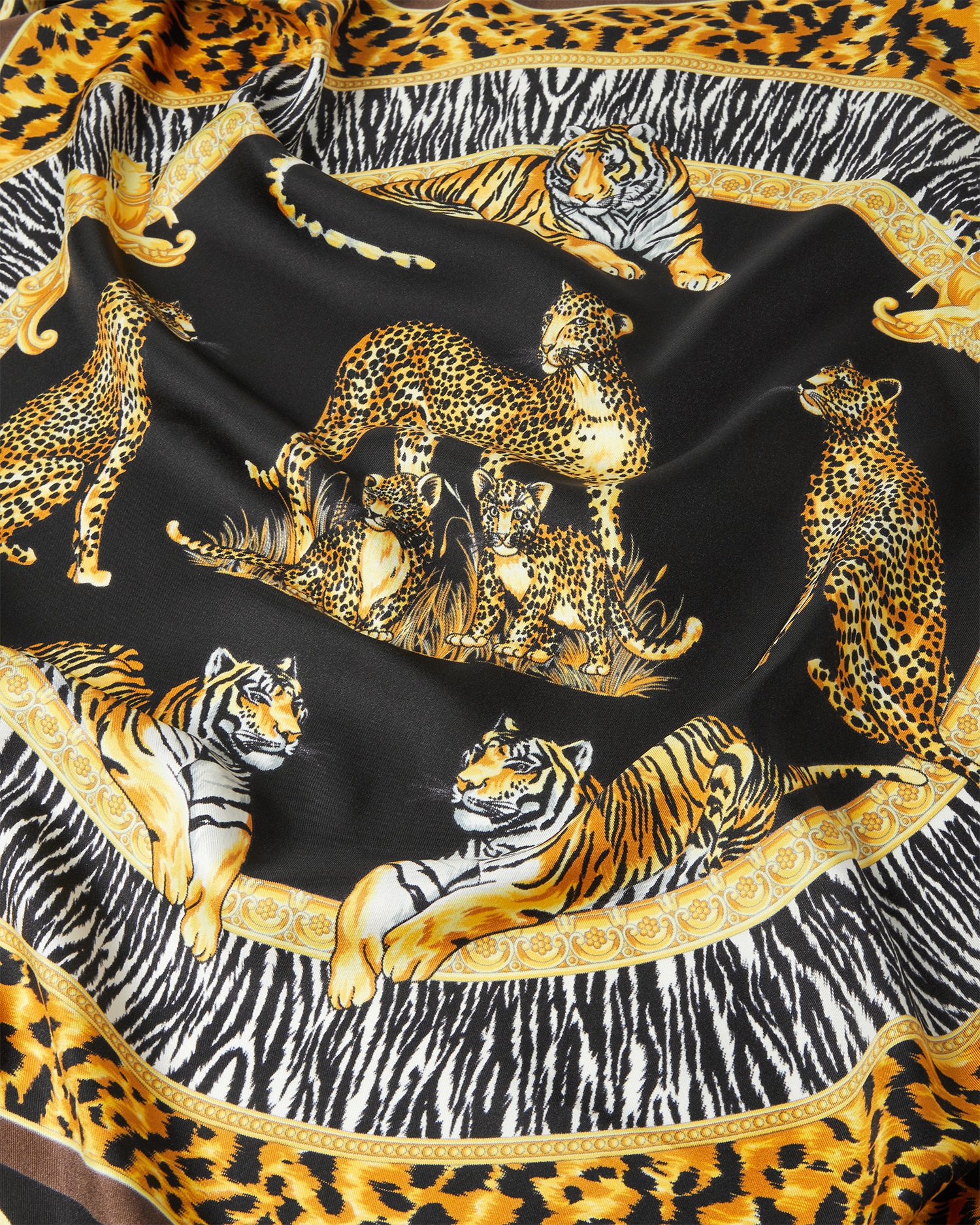 ラージ シルク スカーフ 90 cm ワイルド キャッツ ブラック,プリント