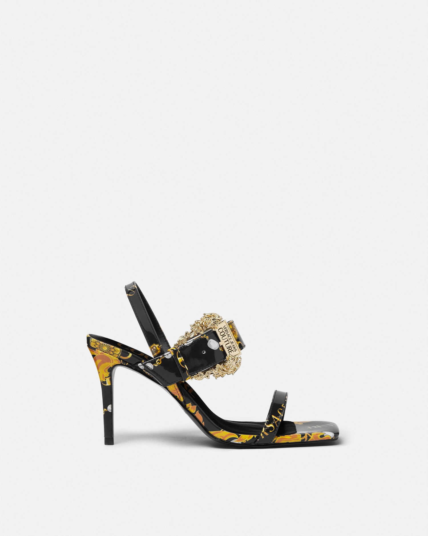 【レア】36サイズVERSACE ゴールド オープントゥミュール ロゴ クチュール エミリー スリングバック サンダル ブラック,ゴールド