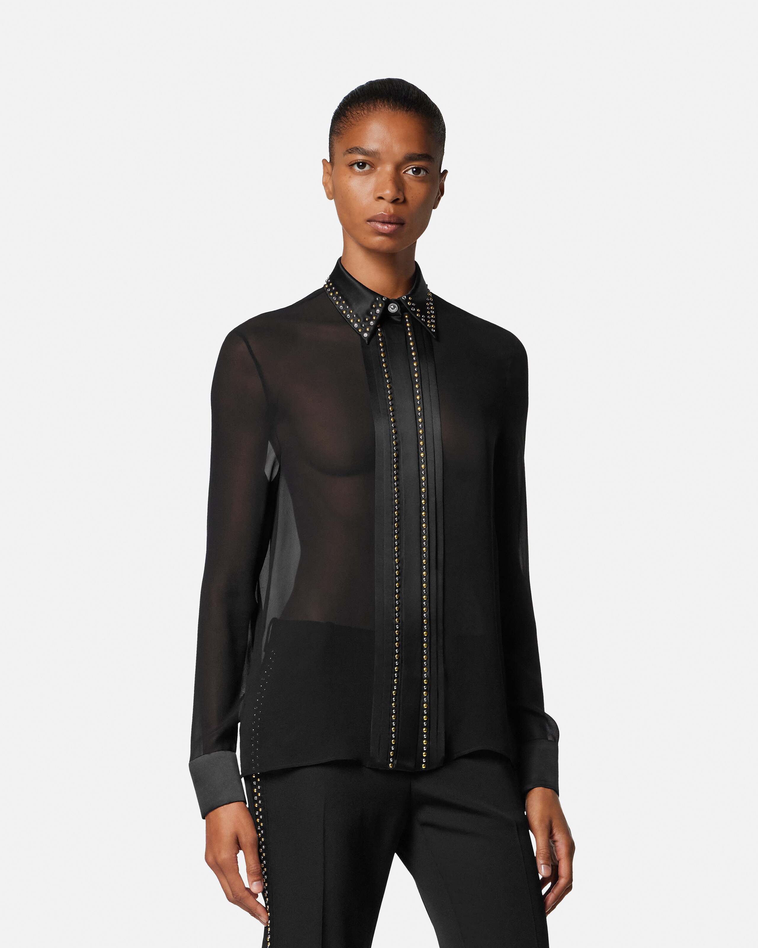 装飾付き シルク ジョーゼット リラックス シャツ ブラック | VERSACE JP