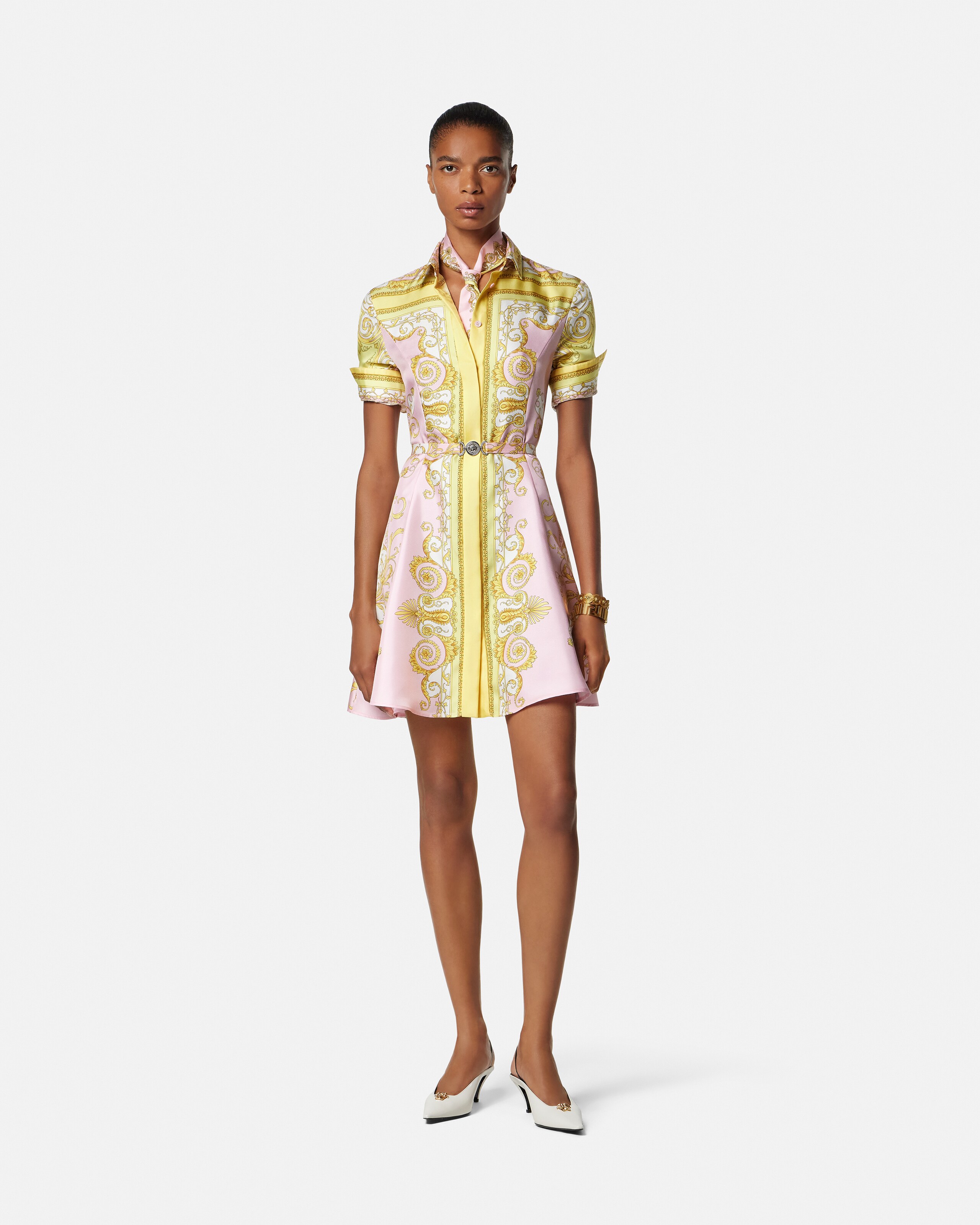 VERSACE シルクインサートミニドレス ミニワンピース　36(XS) プリント シルク ツイル ミニ シャツ ドレス イエロー,ピンク | VERSACE JP