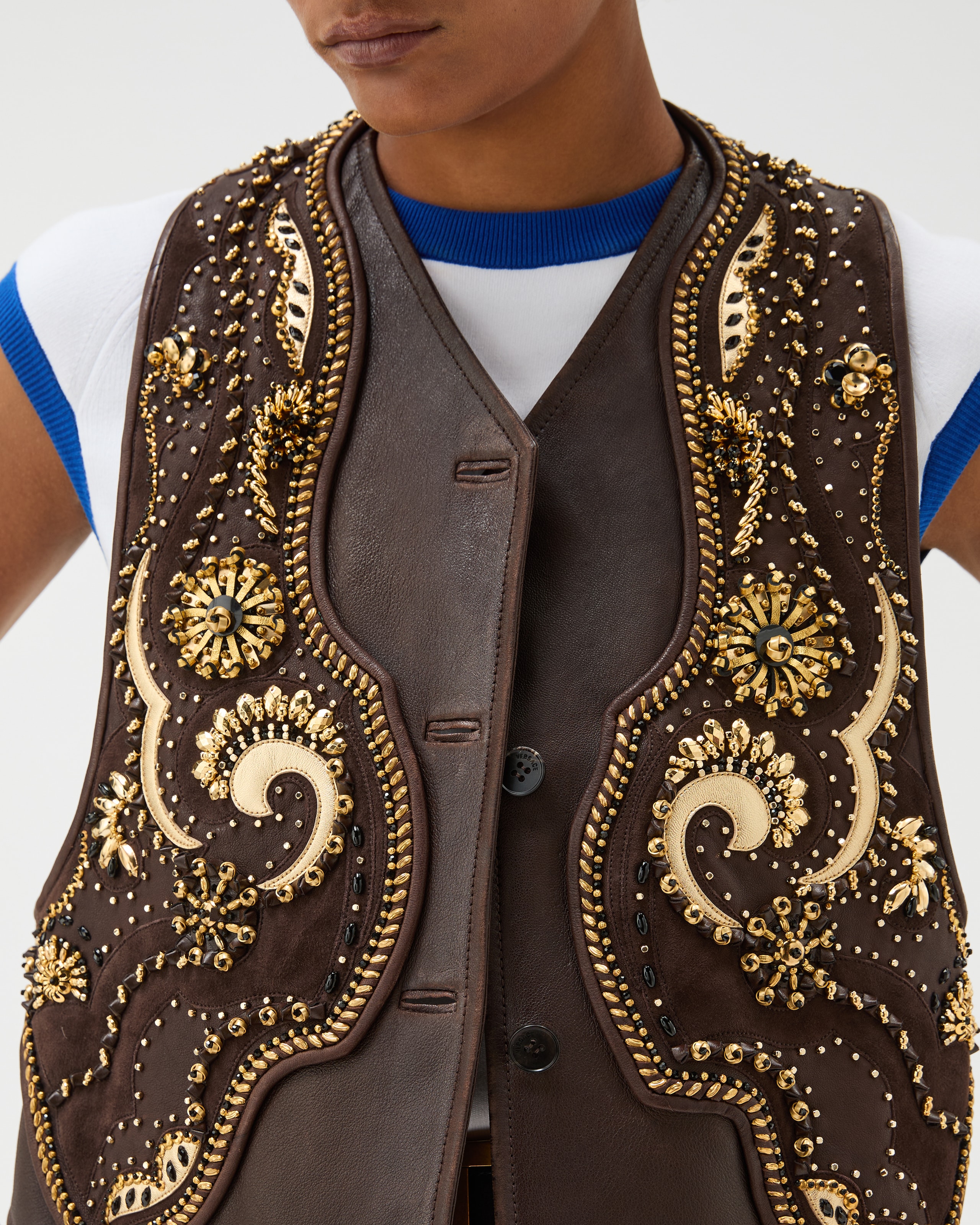 刺繍入り レザー ベスト ブラウン | VERSACE JP