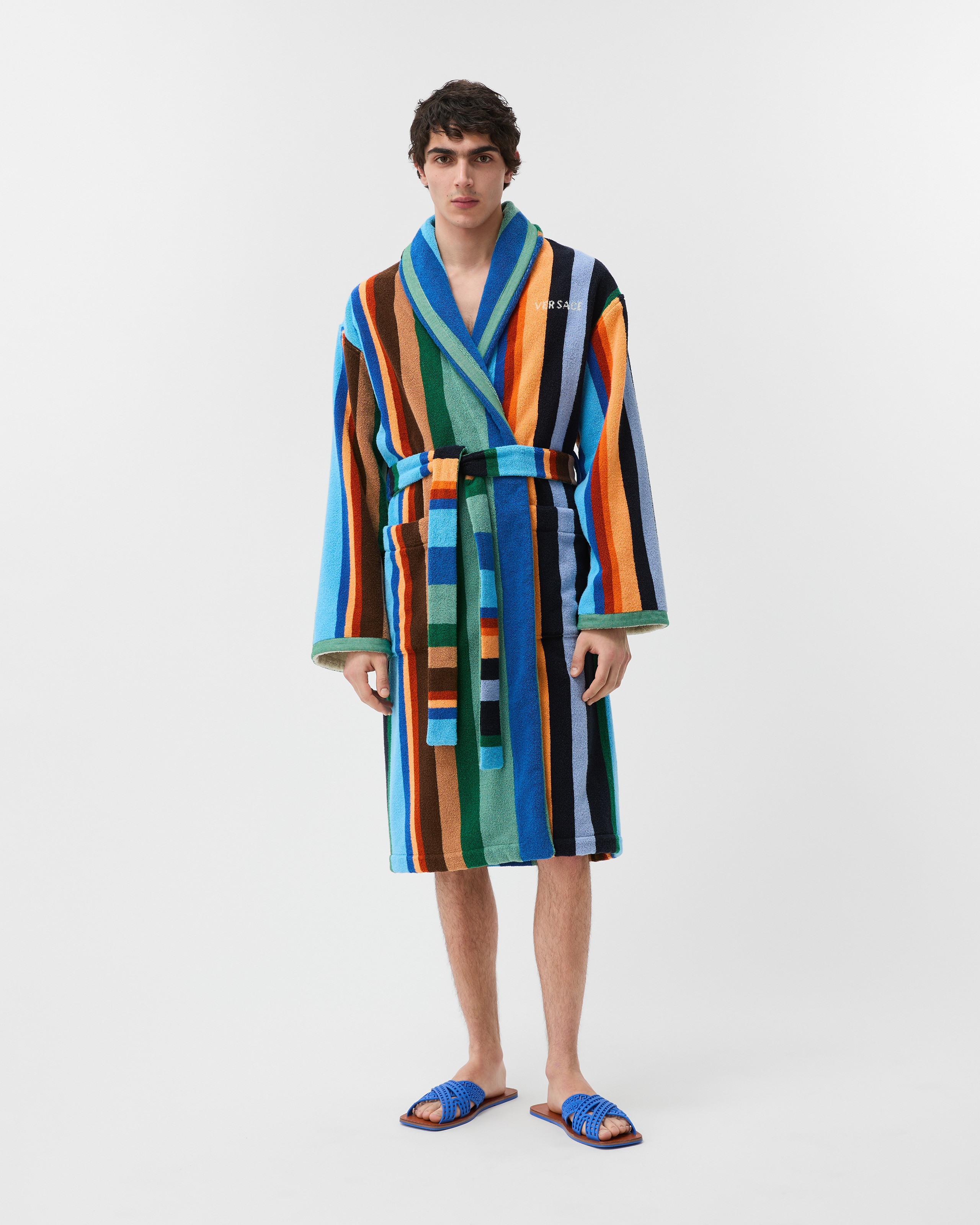 ストライプ コットンテリー ジャカード バスローブ ブルー | VERSACE JP