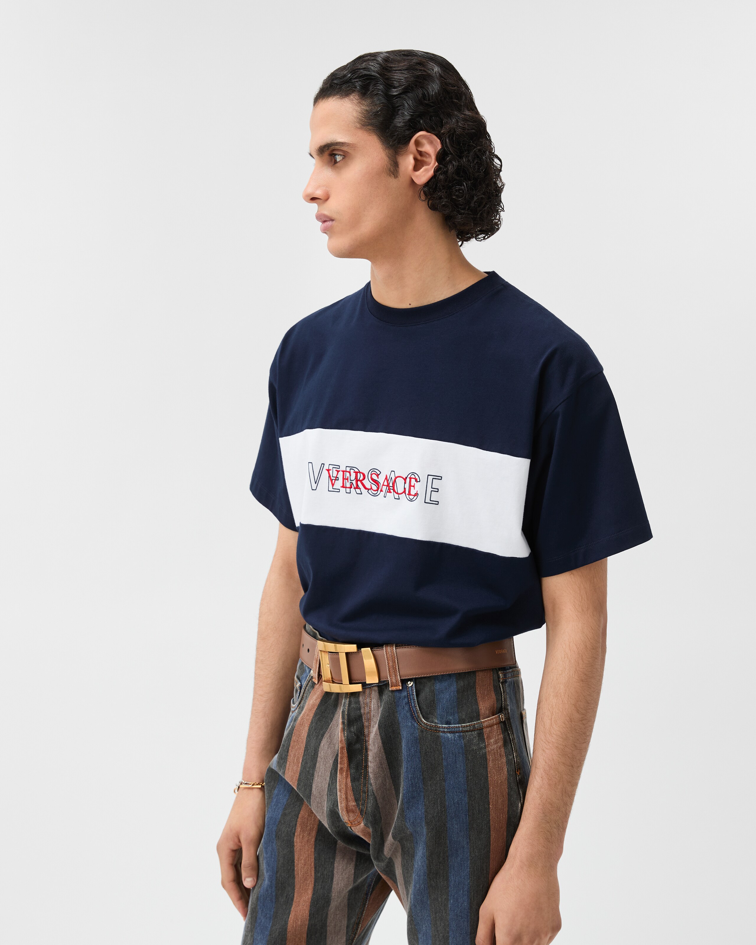 刺繍入り コットンジャージー Tシャツ ブルー | VERSACE JP