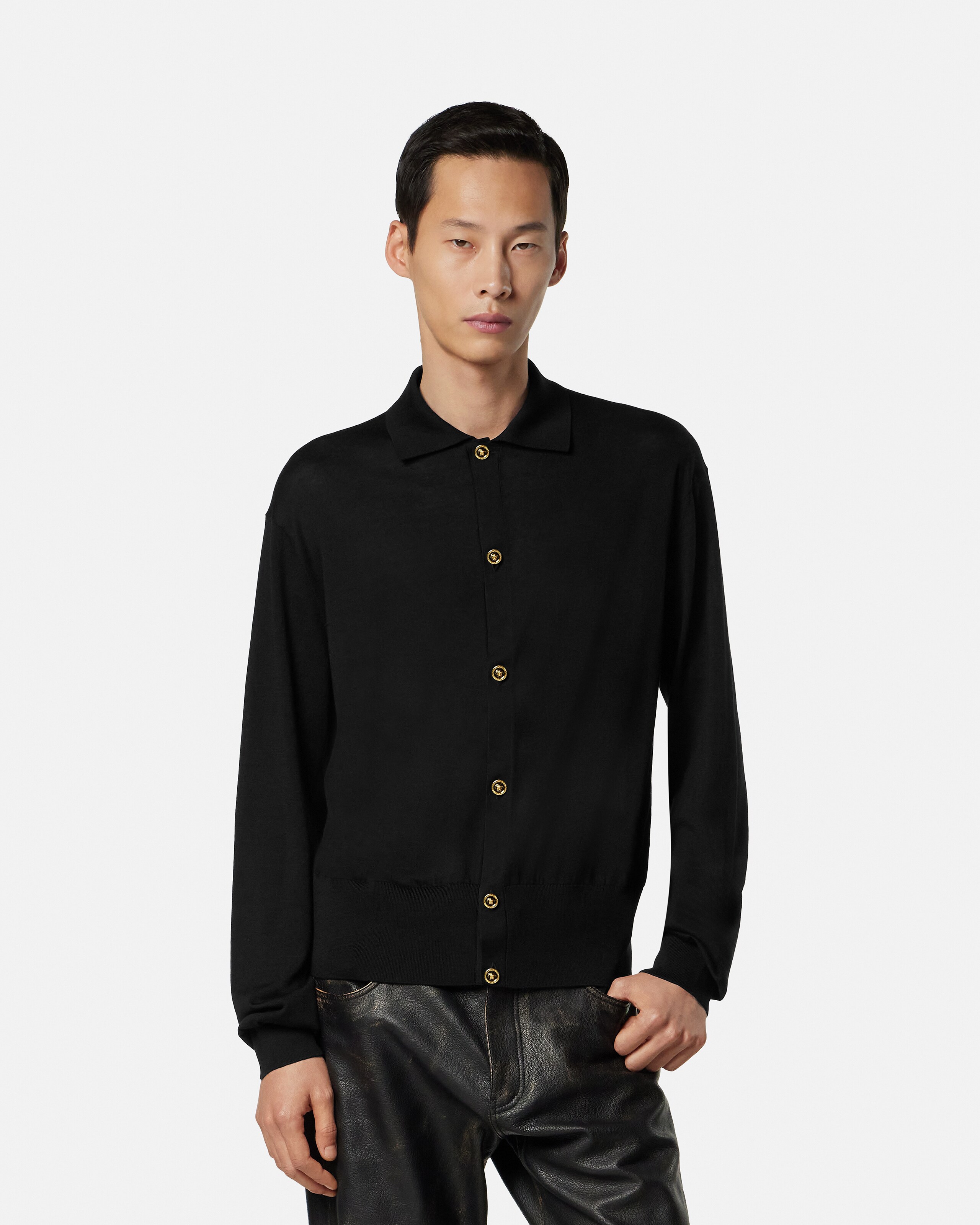 シルクコットン ニット ポロ カーディガン ブラック | VERSACE JP