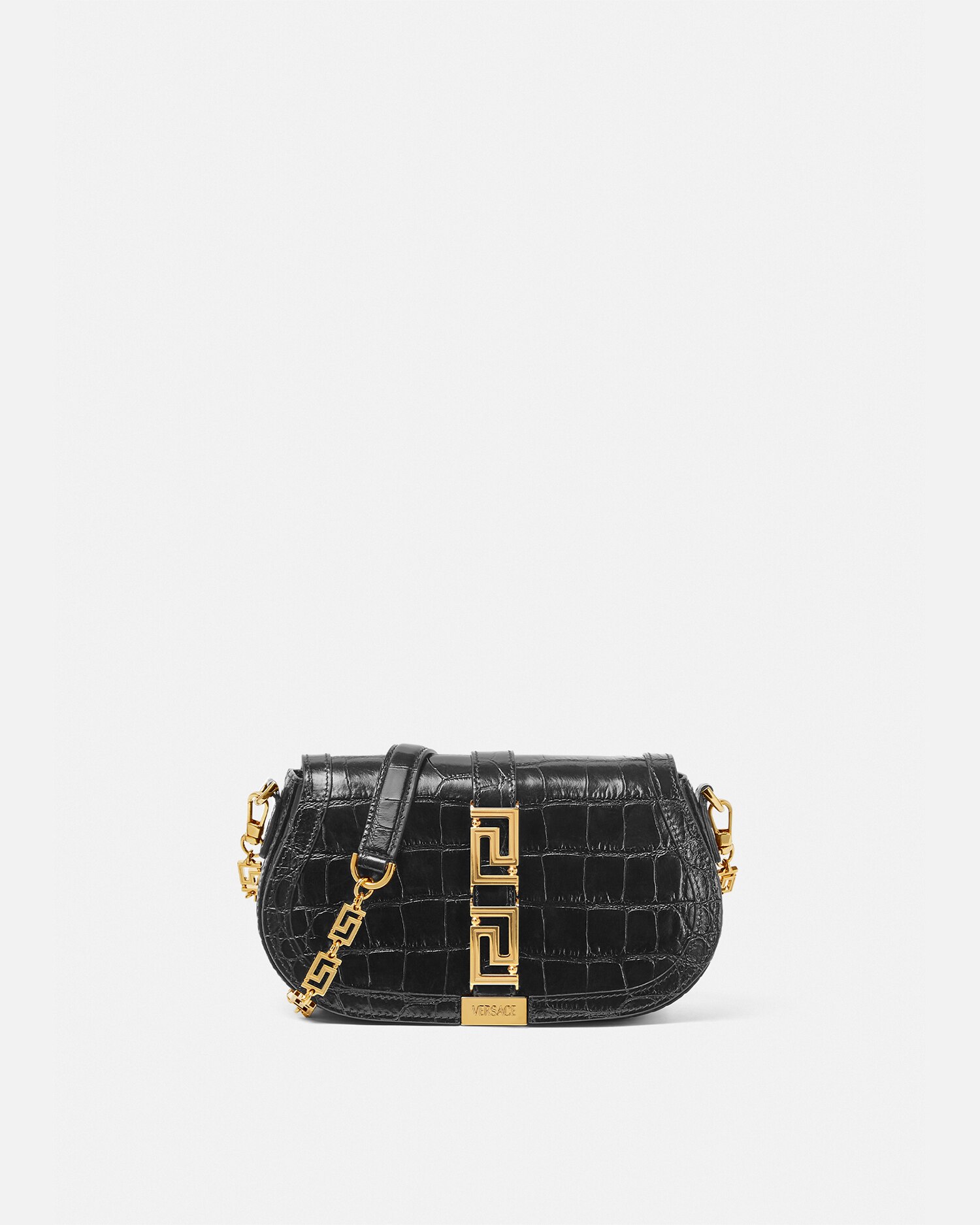 クロコ型押し グレカ ゴッデス ショルダー バッグ ブラック,ゴールド | VERSACE JP